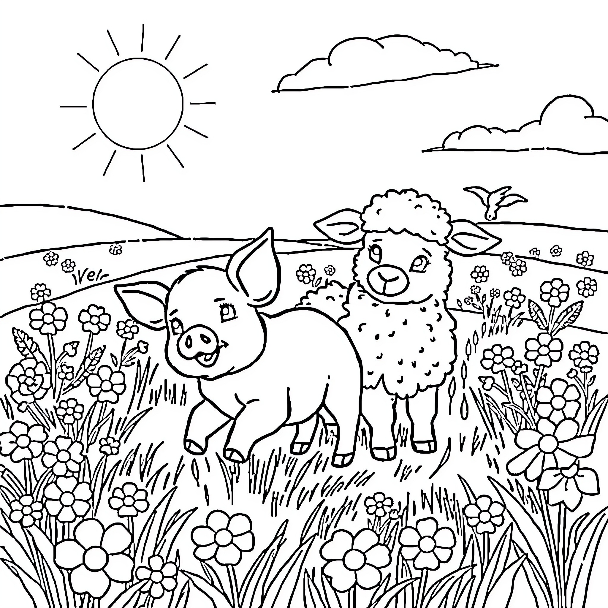 Piglet playing happily with lamb in a flowery field Coloring Page (free black-and-white line drawing printable PDF for all, from beginners to advanced learners, including children, teens, adults, and seniors)
