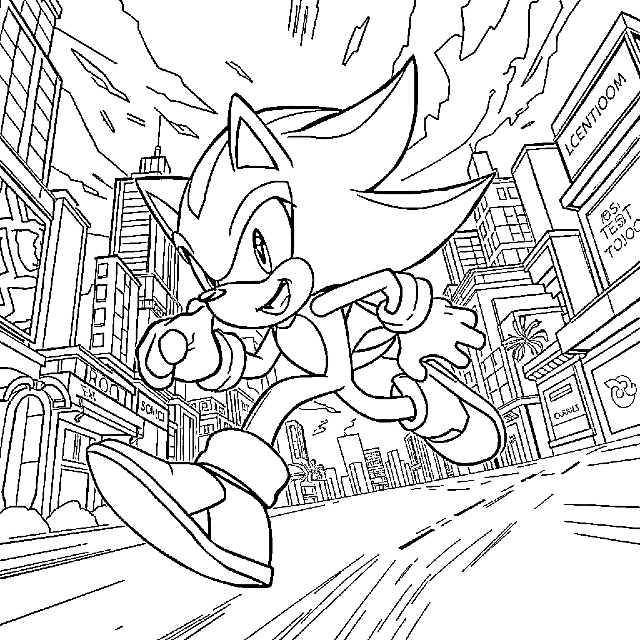 Shadow of Speedy Hedgehog Racing Through City Coloring Page (free black-and-white line drawing printable PDF for all, from beginners to advanced learners, including children, teens, adults, and seniors)