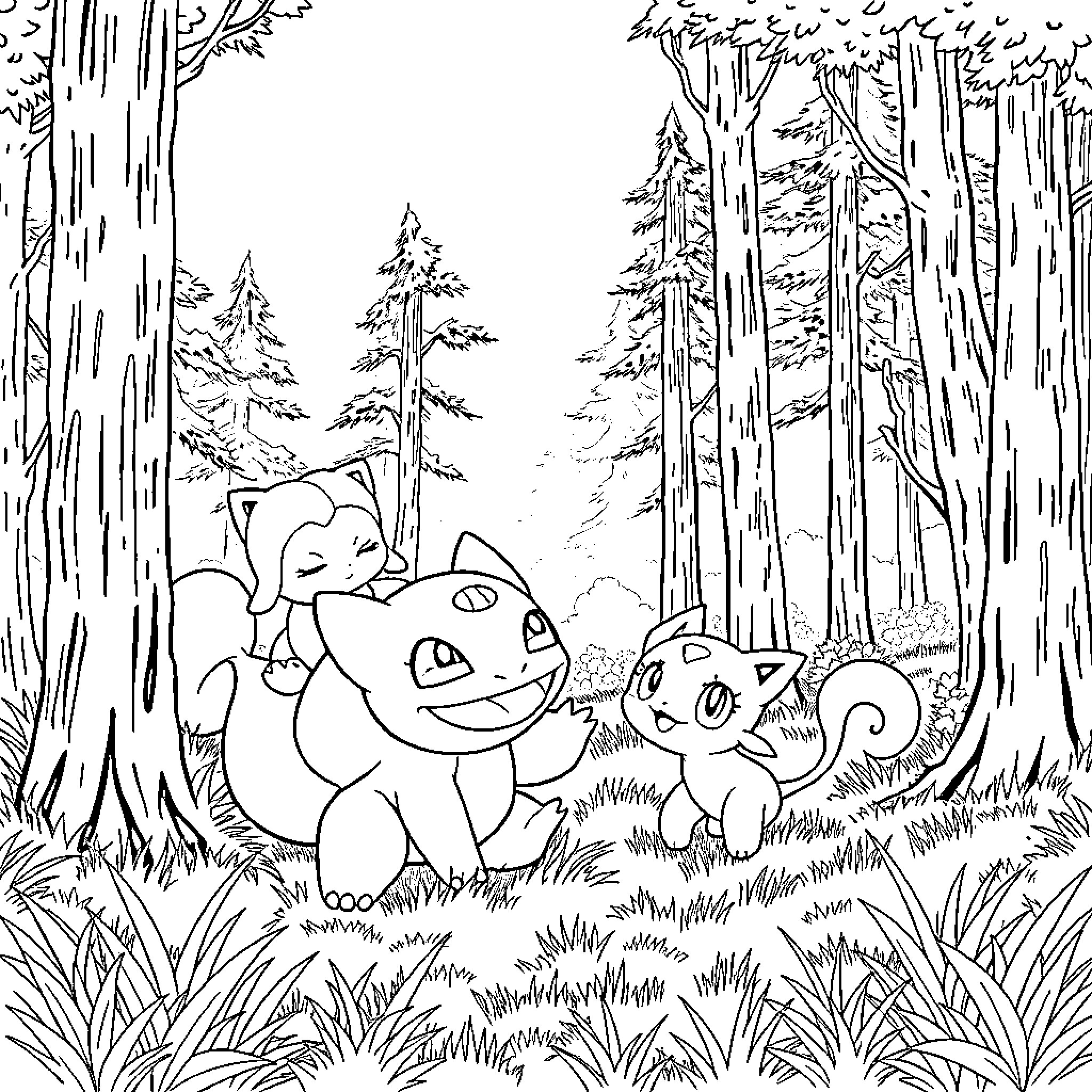 Bulbasaur and friends exploring the forest Coloring Page (free black-and-white line drawing printable PDF for all, from beginners to advanced learners, including children, teens, adults, and seniors)