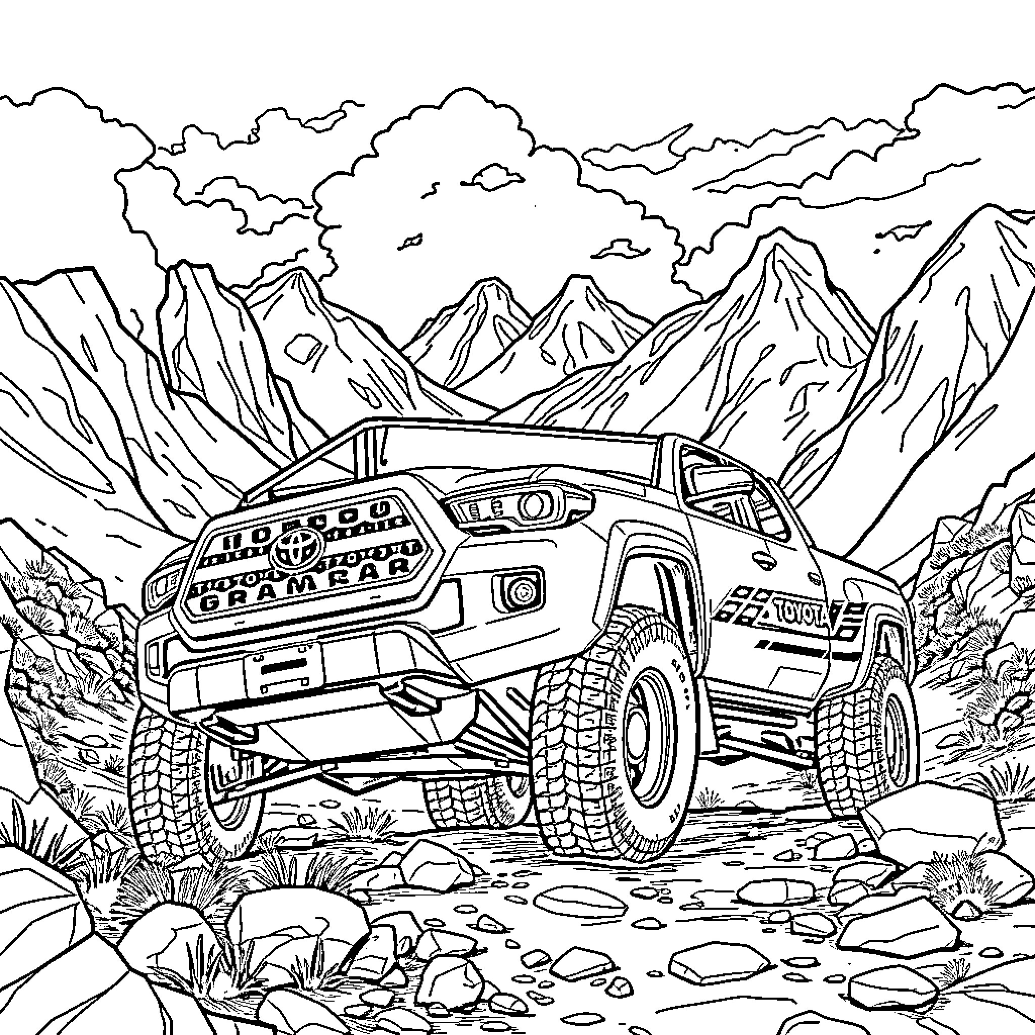 Toyota Tacoma exploring rugged mountain terrain Coloring Page (free black-and-white line drawing printable PDF for all, from beginners to advanced learners, including children, teens, adults, and seniors)