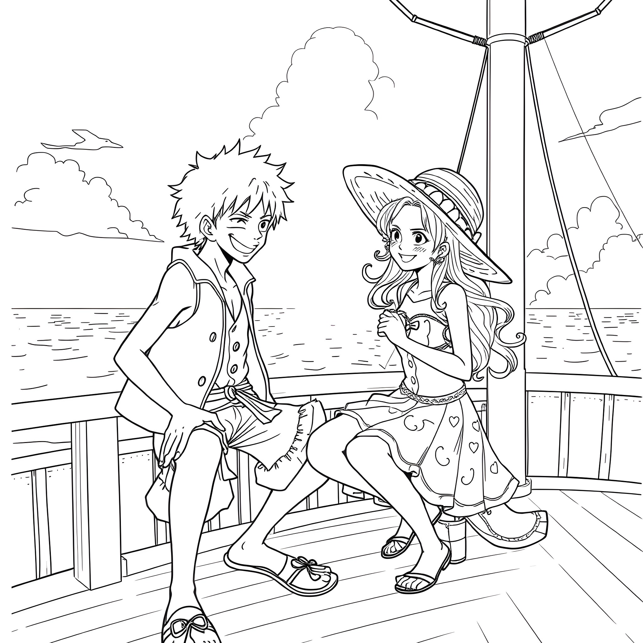 Luffy and his companion enjoying a day on the ship Coloring Page (free black-and-white line drawing printable PDF for all, from beginners to advanced learners, including children, teens, adults, and seniors)