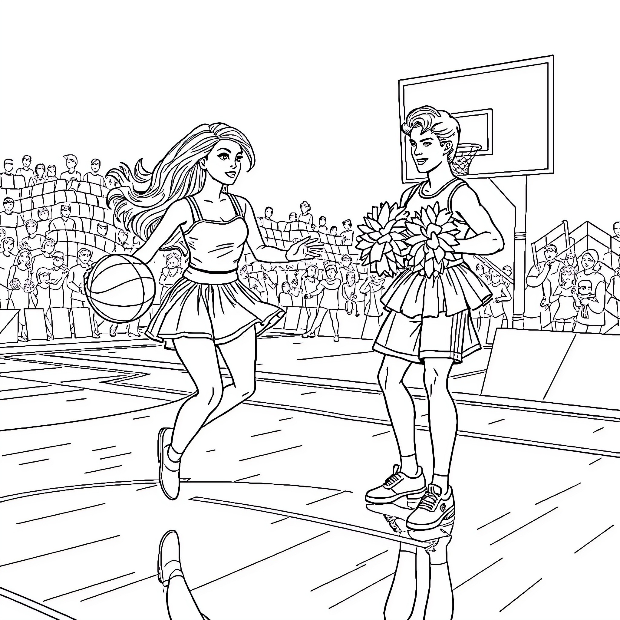 Barbie Cheerleaders Playing Basketball on the Court Coloring Page (free black-and-white line drawing printable PDF for all, from beginners to advanced learners, including children, teens, adults, and seniors)