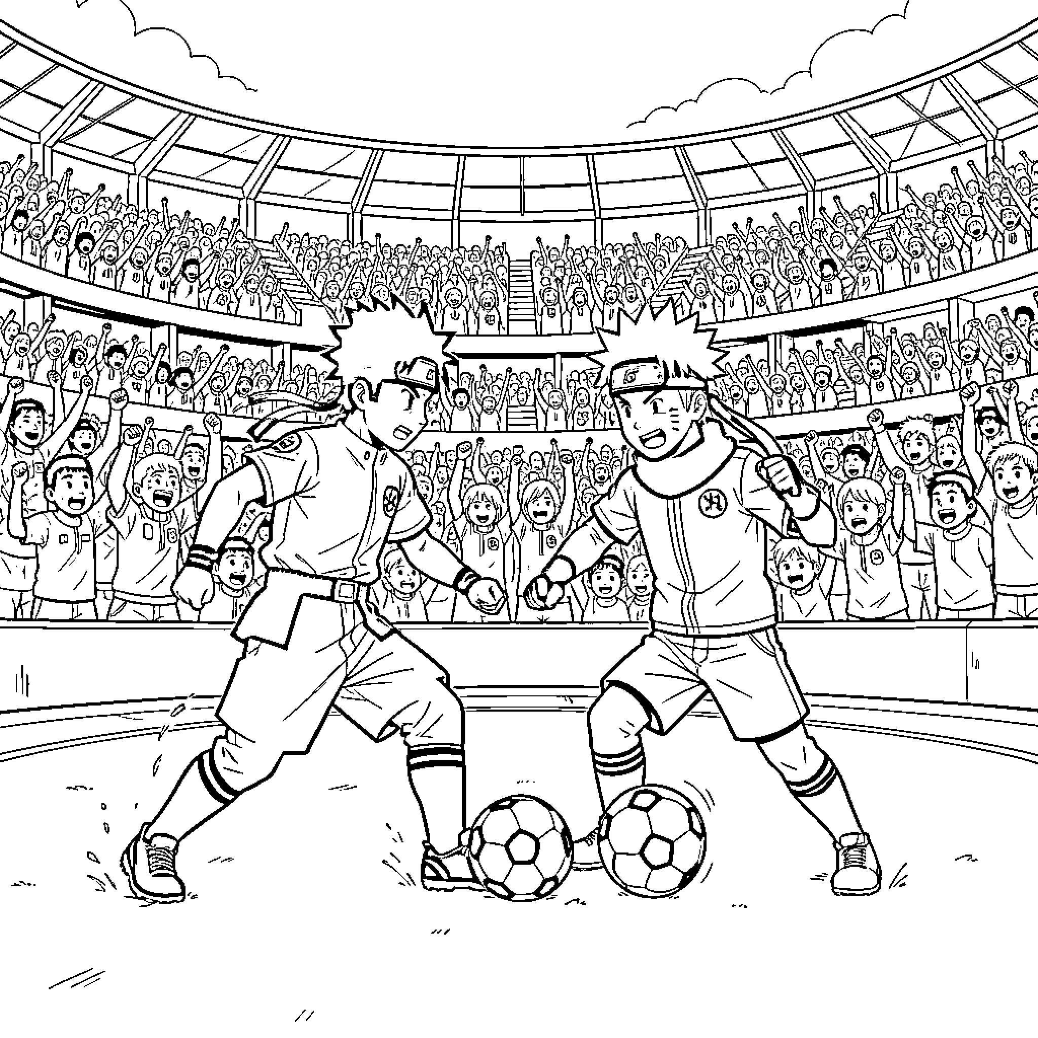 Sangoku characters playing soccer in a crowded stadium Coloring Page (free black-and-white line drawing printable PDF for all, from beginners to advanced learners, including children, teens, adults, and seniors)