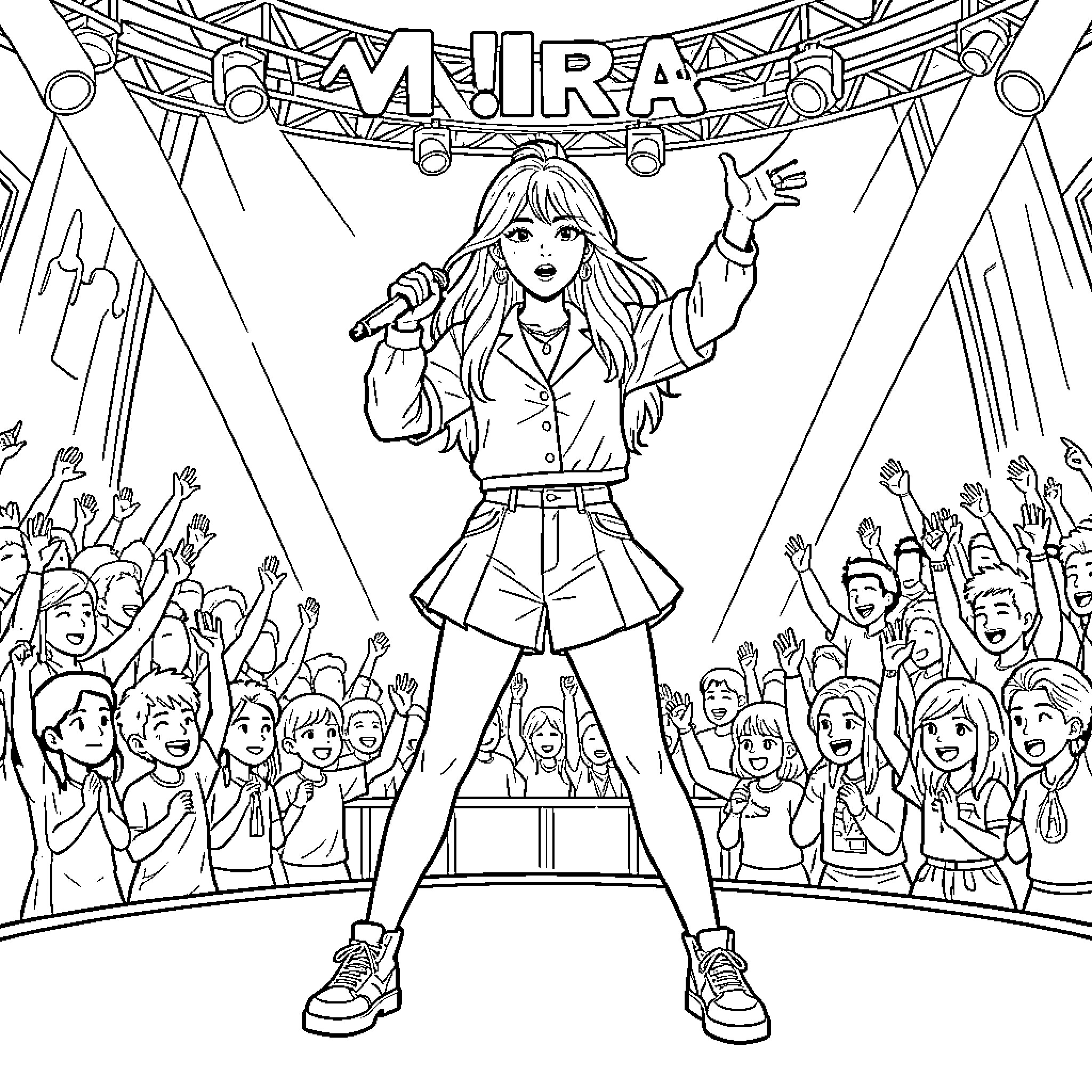 K Pop idol performing energetically on a stage Coloring Page (free black-and-white line drawing printable PDF for all, from beginners to advanced learners, including children, teens, adults, and seniors)