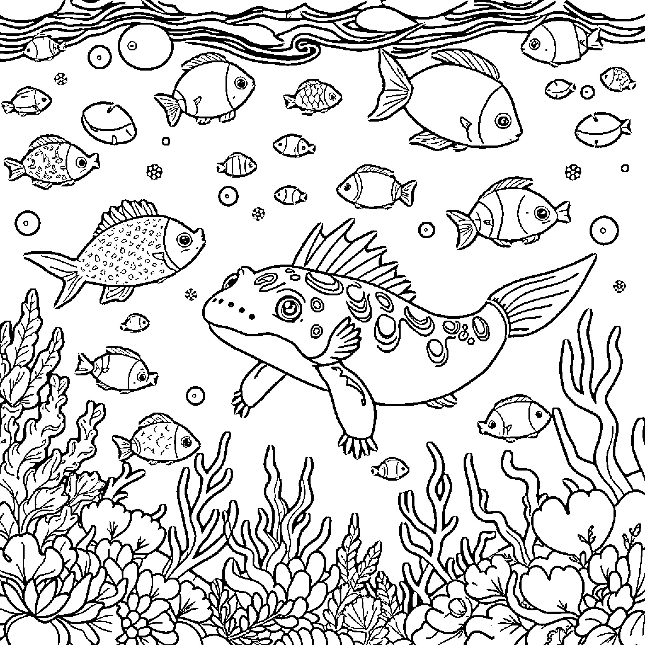 Axolotl playing amidst colorful ocean creatures Coloring Page (free black-and-white line drawing printable PDF for all, from beginners to advanced learners, including children, teens, adults, and seniors)