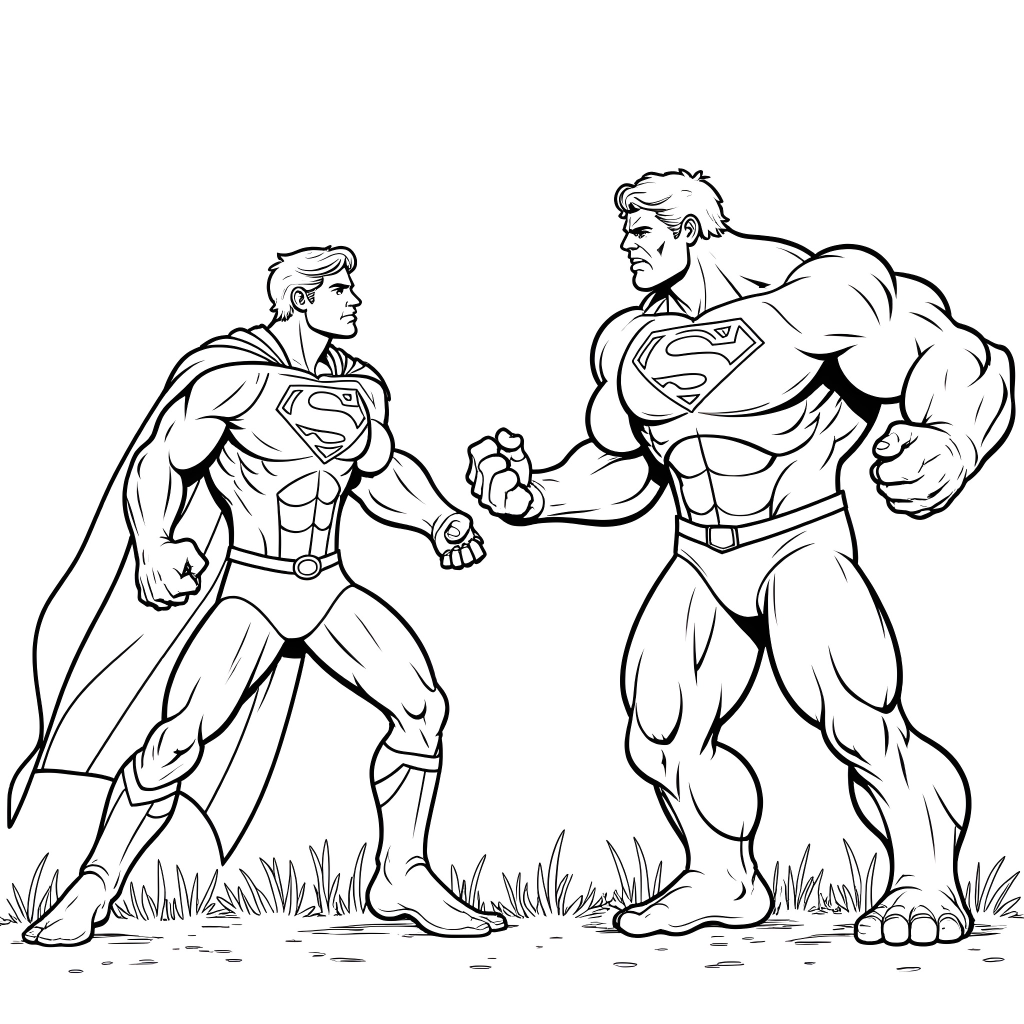 Superman battling against a muscular foe Coloring Page (free black-and-white line drawing printable PDF for all, from beginners to advanced learners, including children, teens, adults, and seniors)