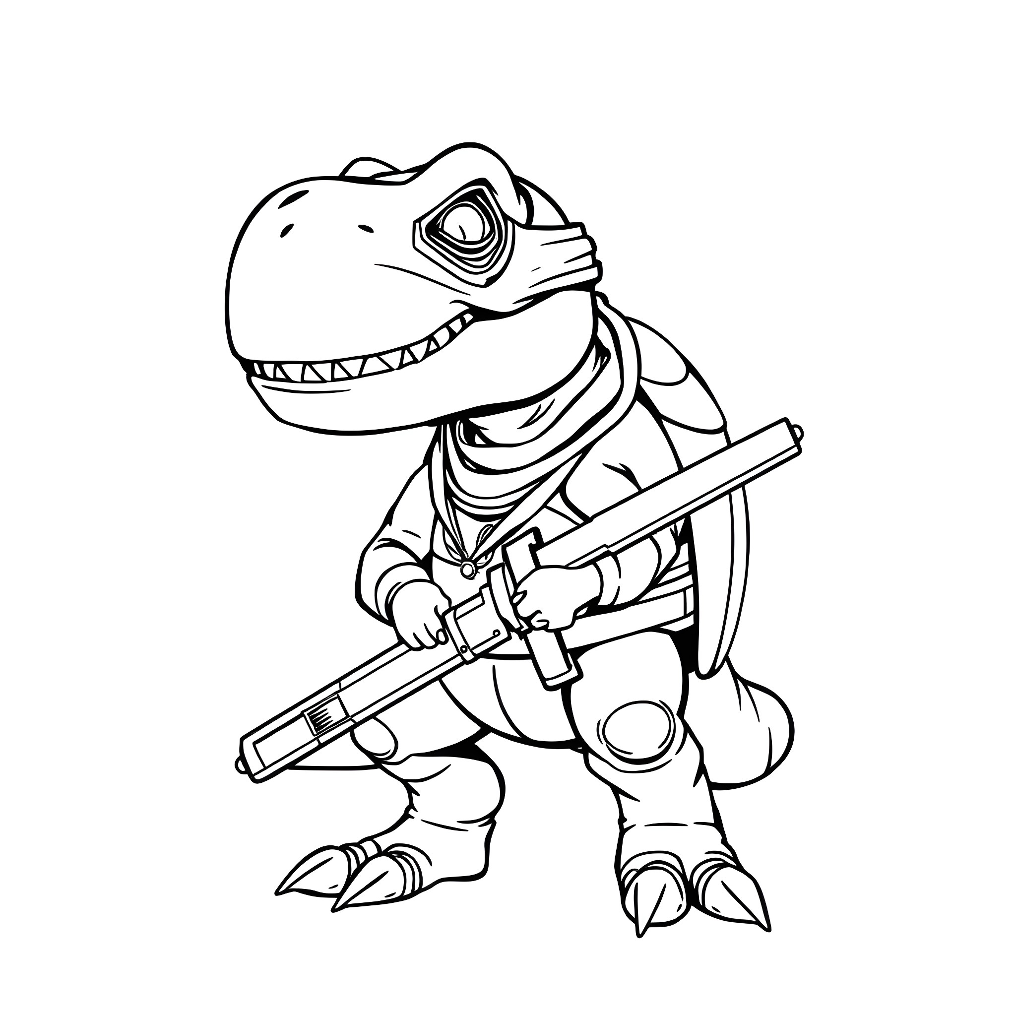Superhero T-Rex in Heroic Pose with Weapon Coloring Page (free black-and-white line drawing printable PDF for all, from beginners to advanced learners, including children, teens, adults, and seniors)