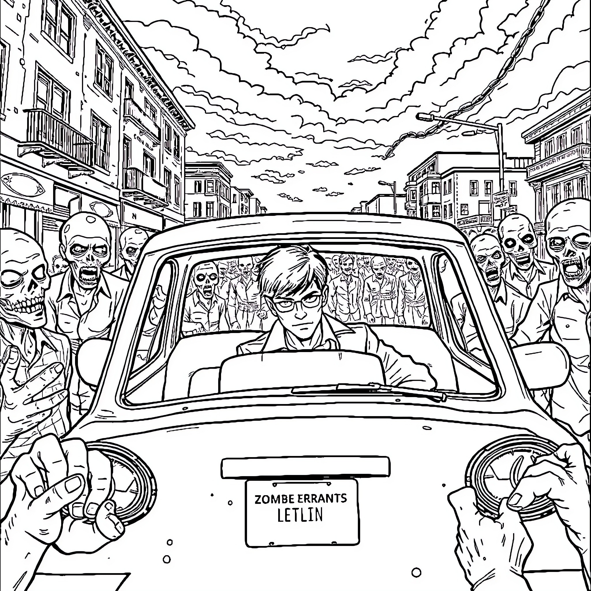 Boy drives car amid zombie-filled street Coloring Page (free black-and-white line drawing printable PDF for all, from beginners to advanced learners, including children, teens, adults, and seniors)