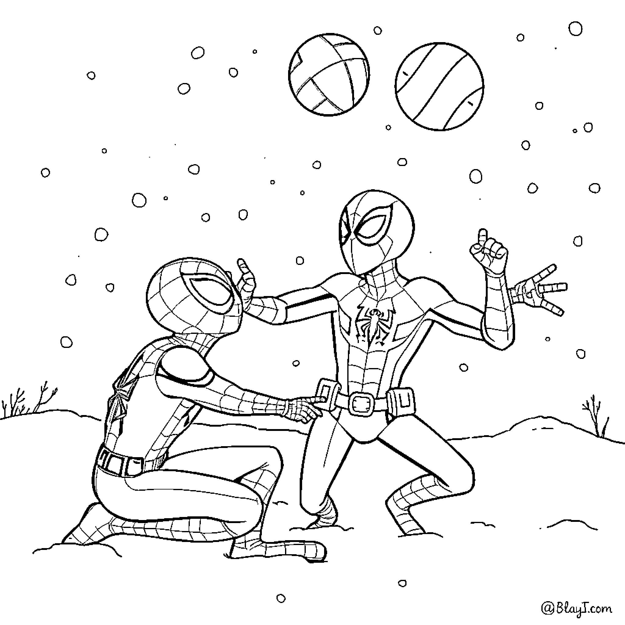 Spider-Man Swinging Through a Webbed Wonderland Coloring Page (free black-and-white line drawing printable PDF for all, from beginners to advanced learners, including children, teens, adults, and seniors)