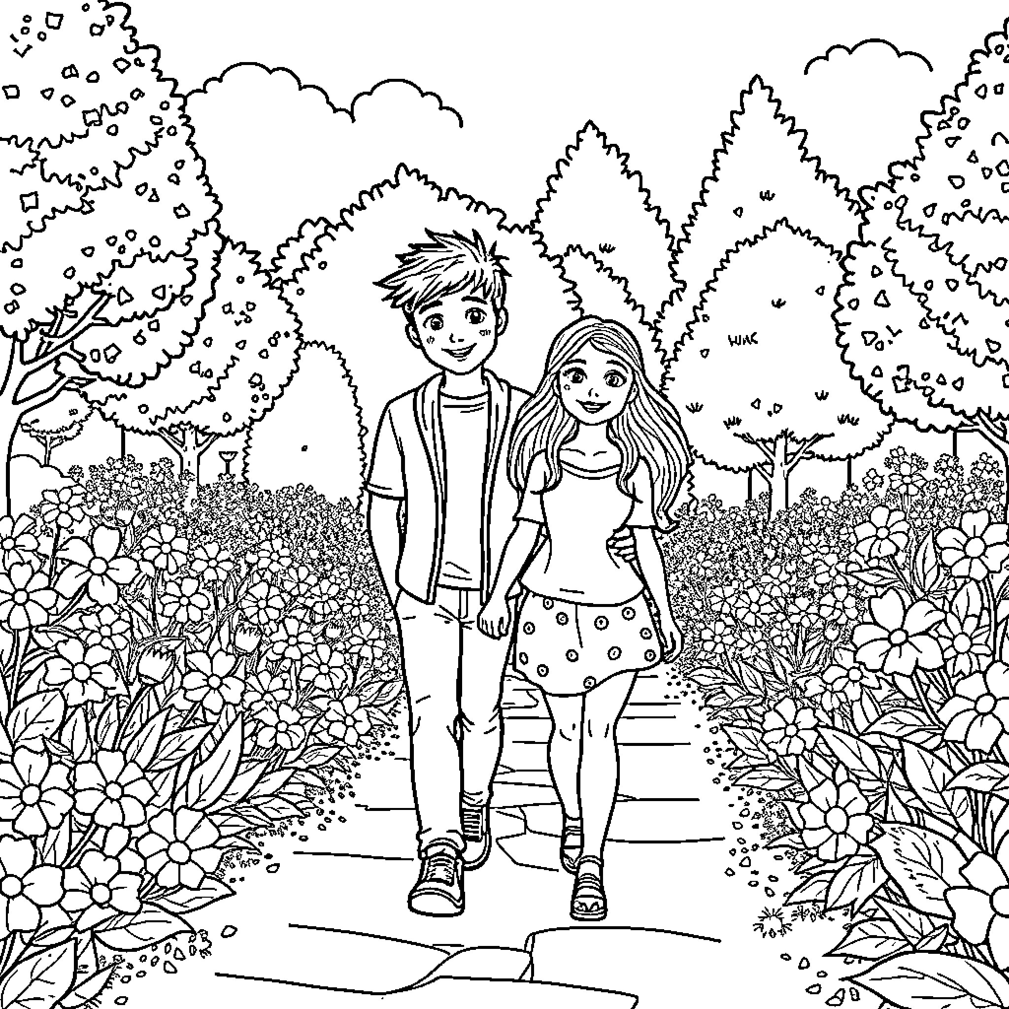 Liam and friend explore the vibrant, nature-filled outdoors Coloring Page (free black-and-white line drawing printable PDF for all, from beginners to advanced learners, including children, teens, adults, and seniors)