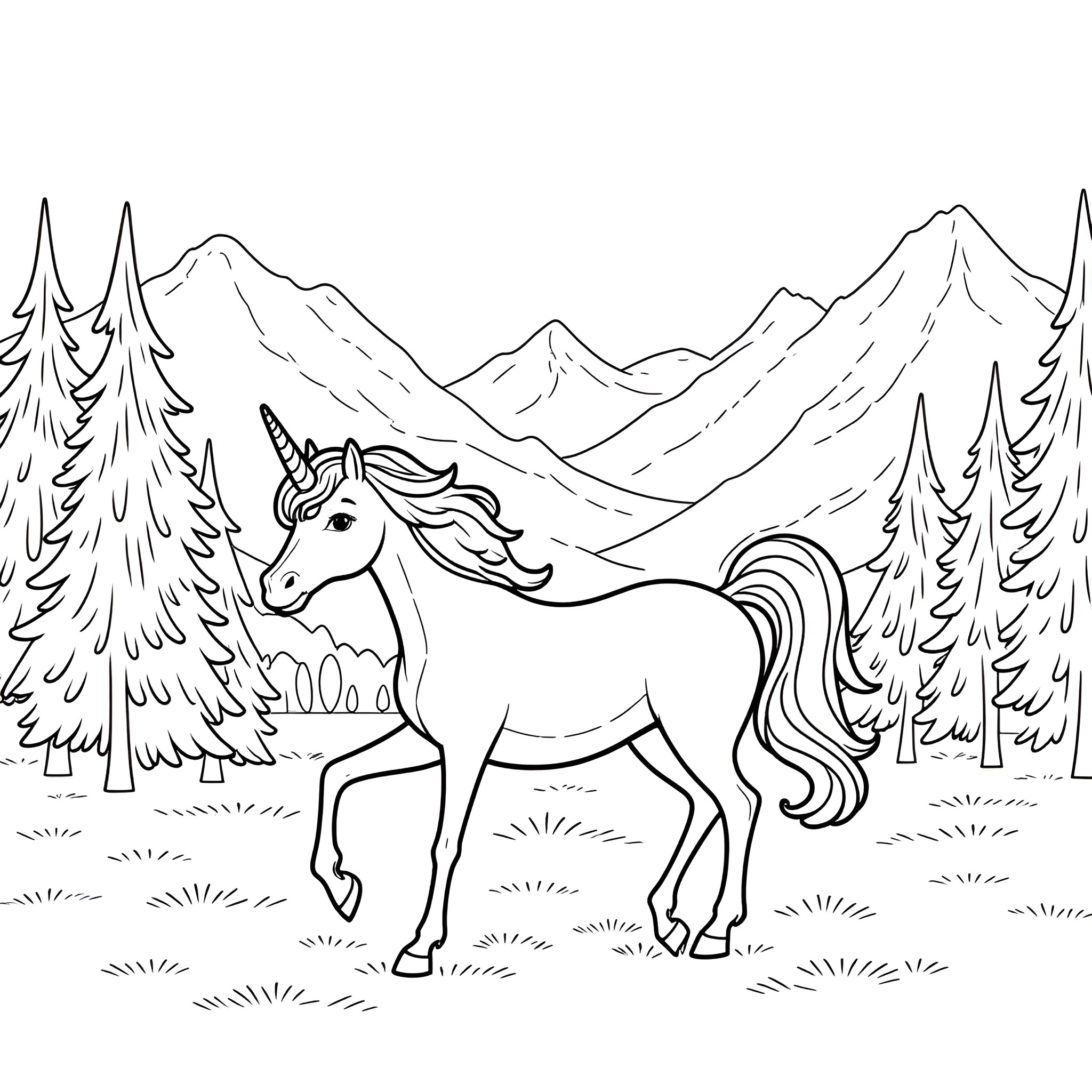 Unicorn standing amidst a snowy mountain landscape Coloring Page (free black-and-white line drawing printable PDF for all, from beginners to advanced learners, including children, teens, adults, and seniors)