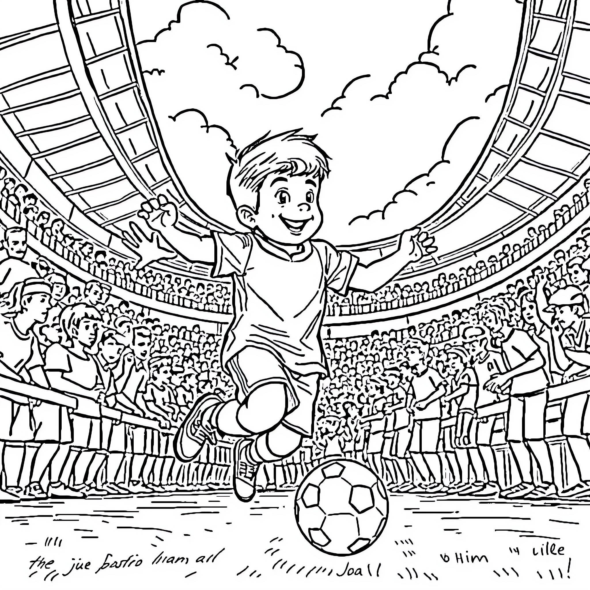 Niño plays joyfully with soccer ball in stadium Coloring Page (free black-and-white line drawing printable PDF for all, from beginners to advanced learners, including children, teens, adults, and seniors)