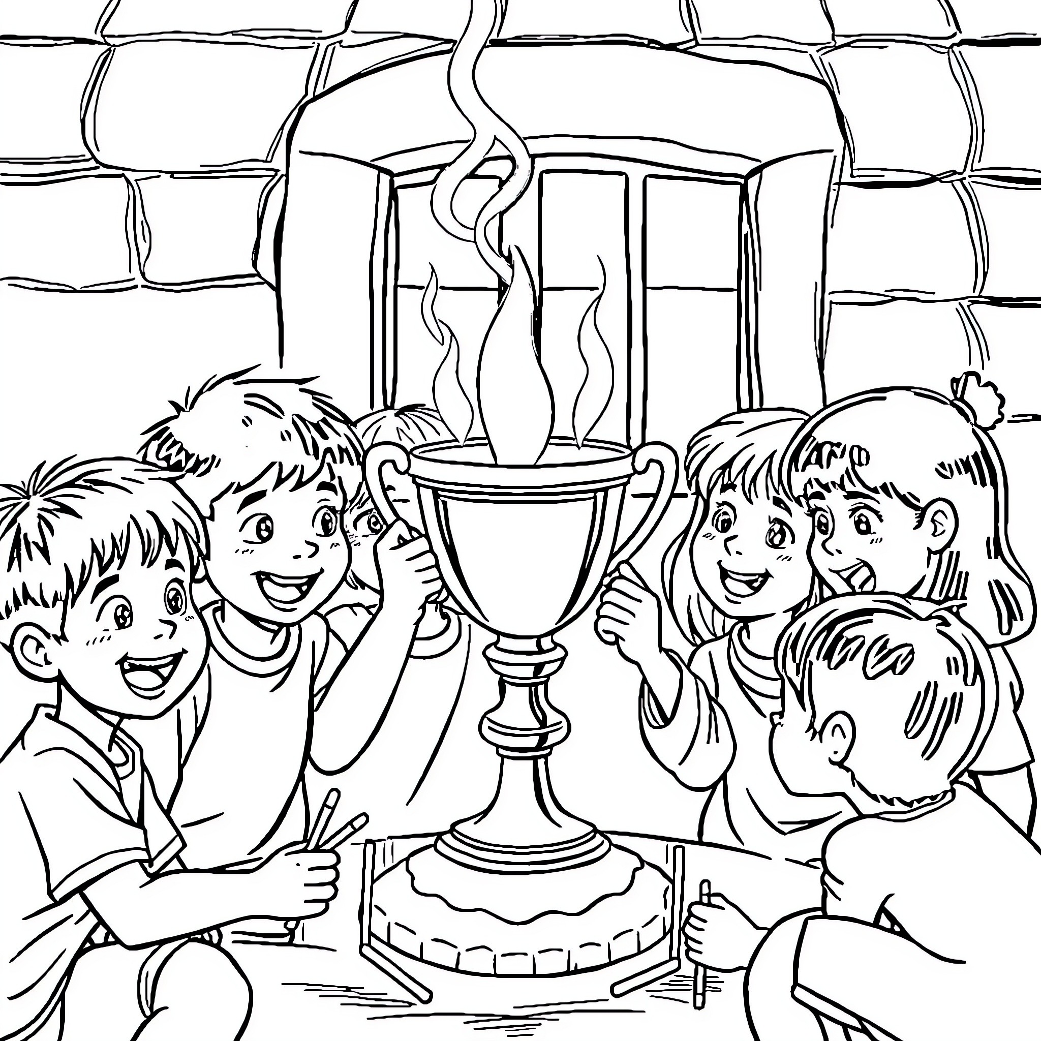 Kids celebrating with trophy in front of castle Coloring Page (free black-and-white line drawing printable PDF for all, from beginners to advanced learners, including children, teens, adults, and seniors)