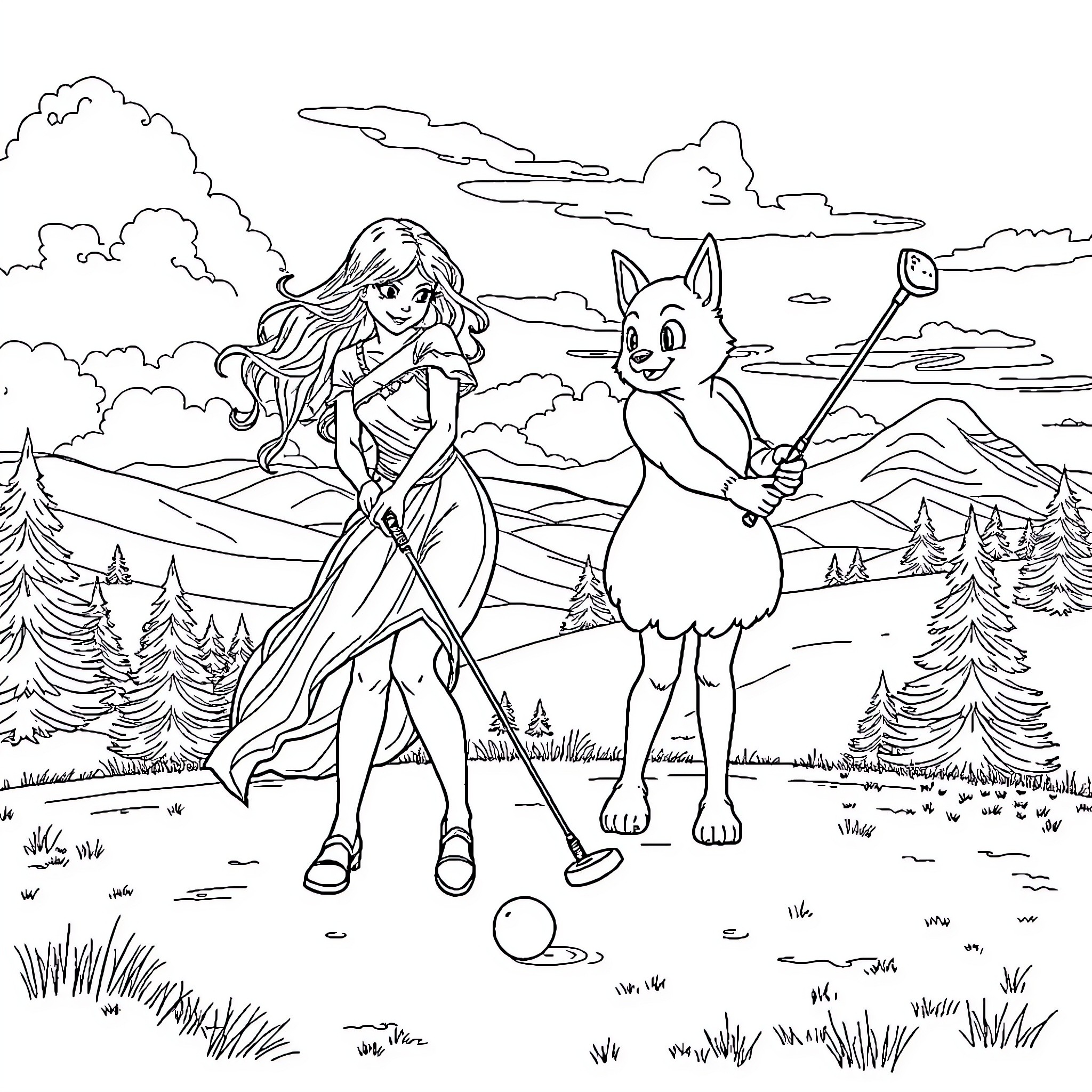 Princess Embarking on an Adventure with a Furry Companion Coloring Page (free black-and-white line drawing printable PDF for all, from beginners to advanced learners, including children, teens, adults, and seniors)