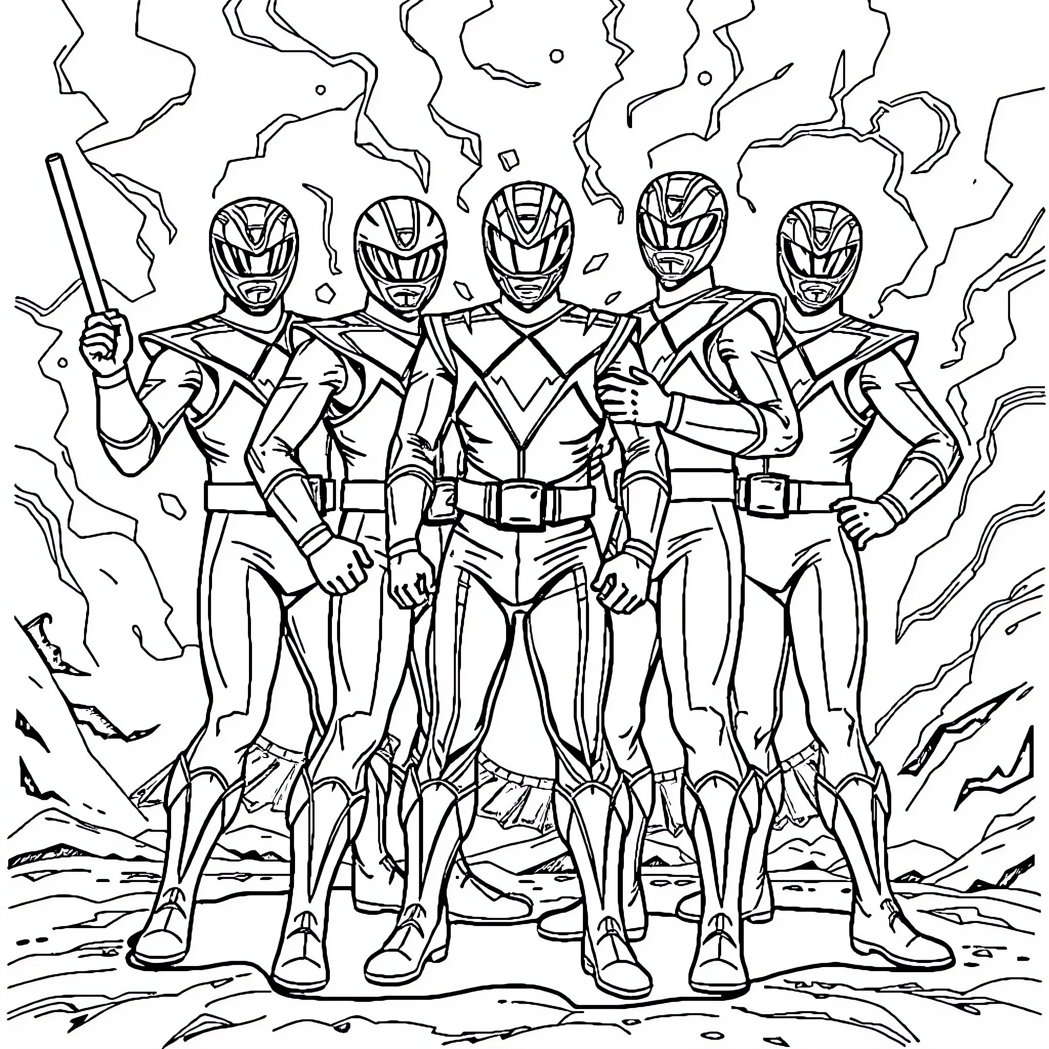 Power Rangers in Action: Heroic Poses and Expressions Coloring Page (free black-and-white line drawing printable PDF for all, from beginners to advanced learners, including children, teens, adults, and seniors)