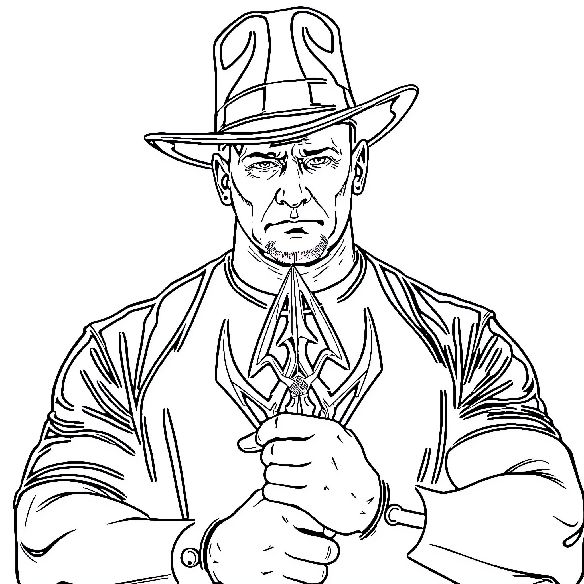 John Cena as a stern-looking cowboy Coloring Page (free black-and-white line drawing printable PDF for all, from beginners to advanced learners, including children, teens, adults, and seniors)