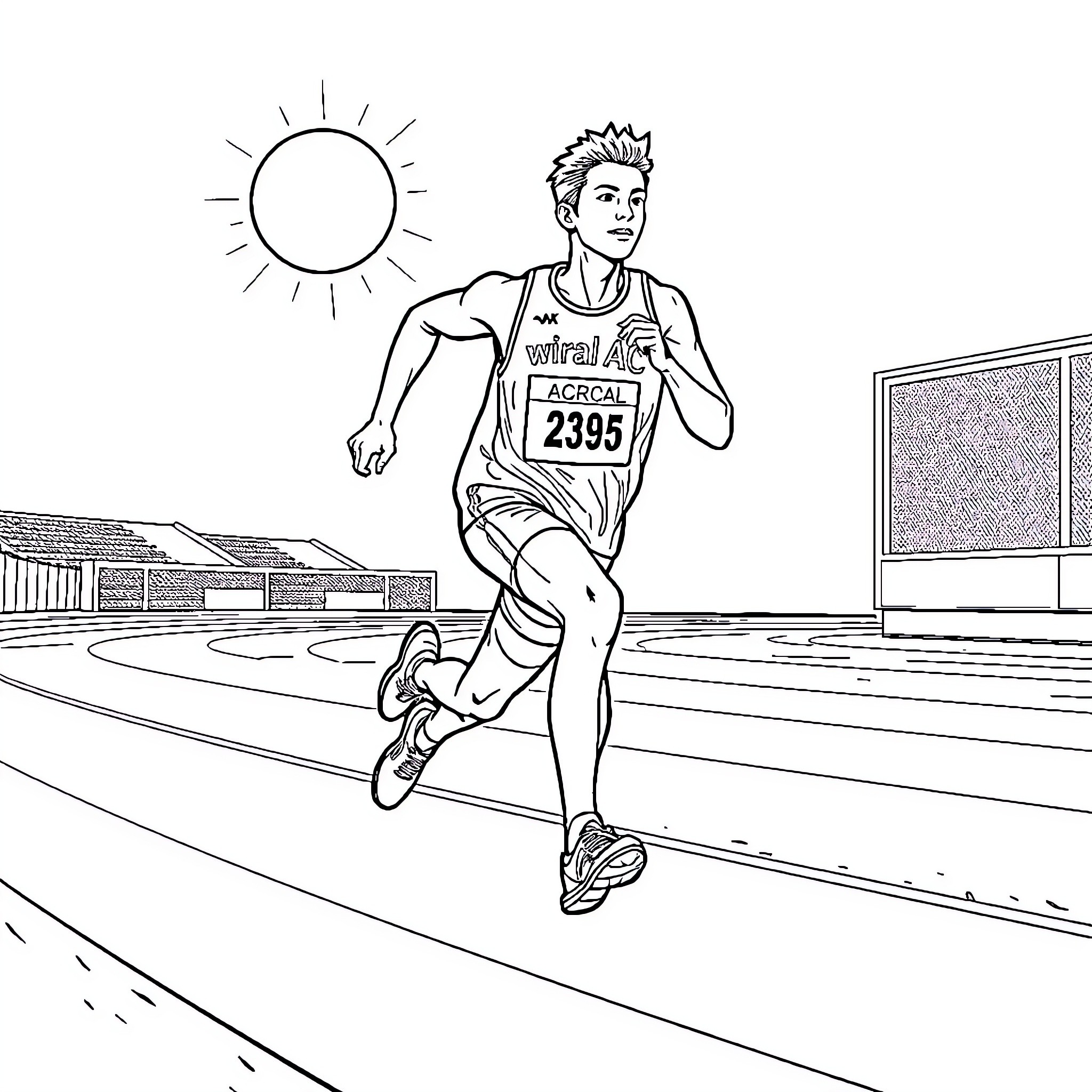 Athlete Running on Track in Sports Competition Coloring Page (free black-and-white line drawing printable PDF for all, from beginners to advanced learners, including children, teens, adults, and seniors)