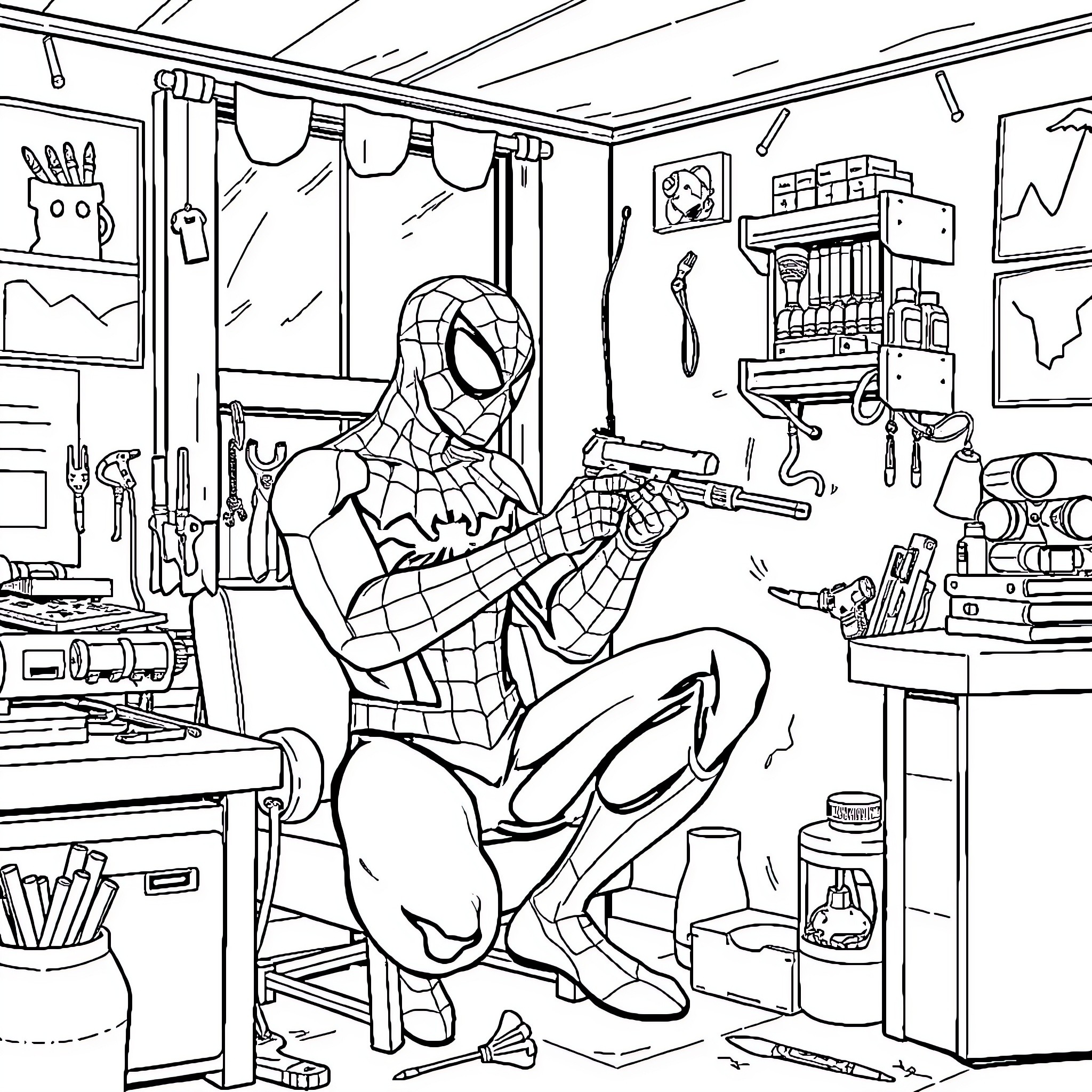 Spiderman tinkering in his home workshop Coloring Page (free black-and-white line drawing printable PDF for all, from beginners to advanced learners, including children, teens, adults, and seniors)