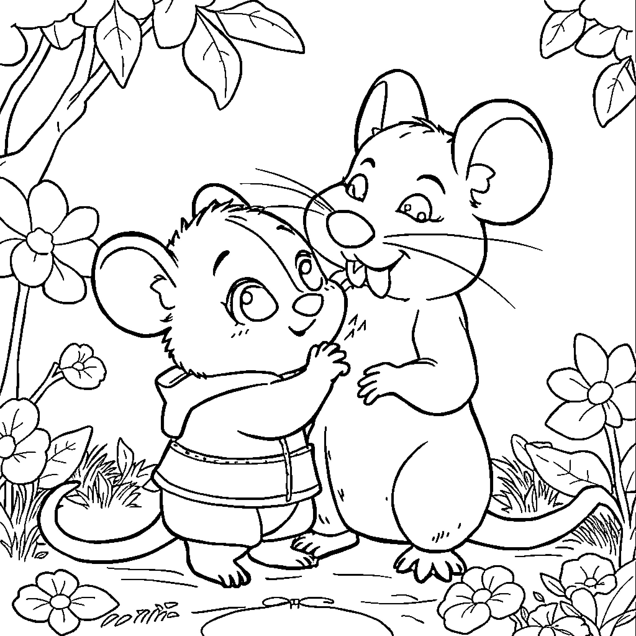 Mini Mice Enjoying Nature's Beauty Coloring Page (free black-and-white line drawing printable PDF for all, from beginners to advanced learners, including children, teens, adults, and seniors)