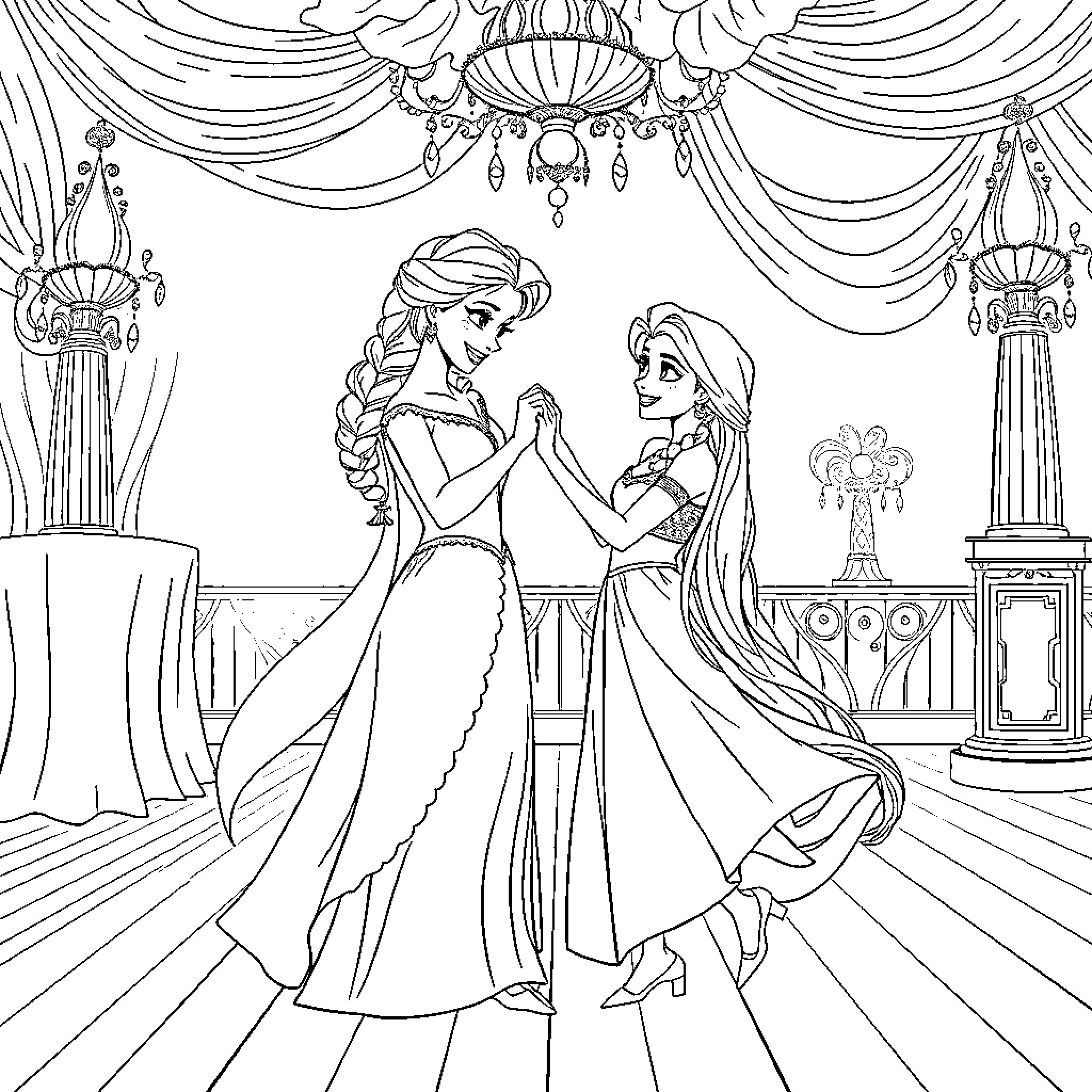 Elsa and Rapunzel dancing elegantly in a grand ballroom Coloring Page (free black-and-white line drawing printable PDF for all, from beginners to advanced learners, including children, teens, adults, and seniors)