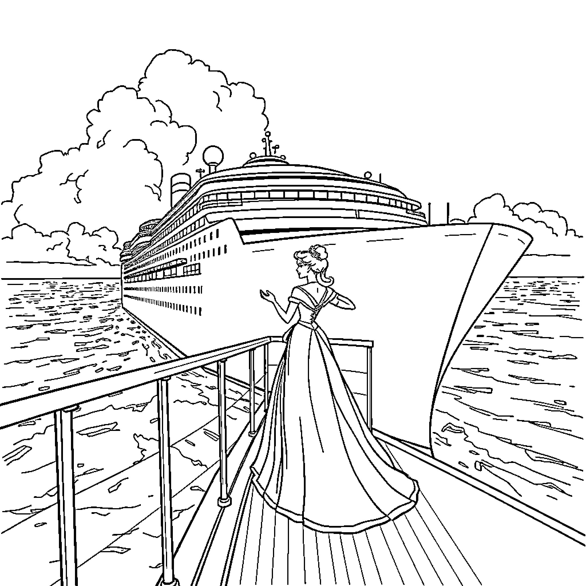 Princess awaiting departure on luxury cruise ship Coloring Page (free black-and-white line drawing printable PDF for all, from beginners to advanced learners, including children, teens, adults, and seniors)