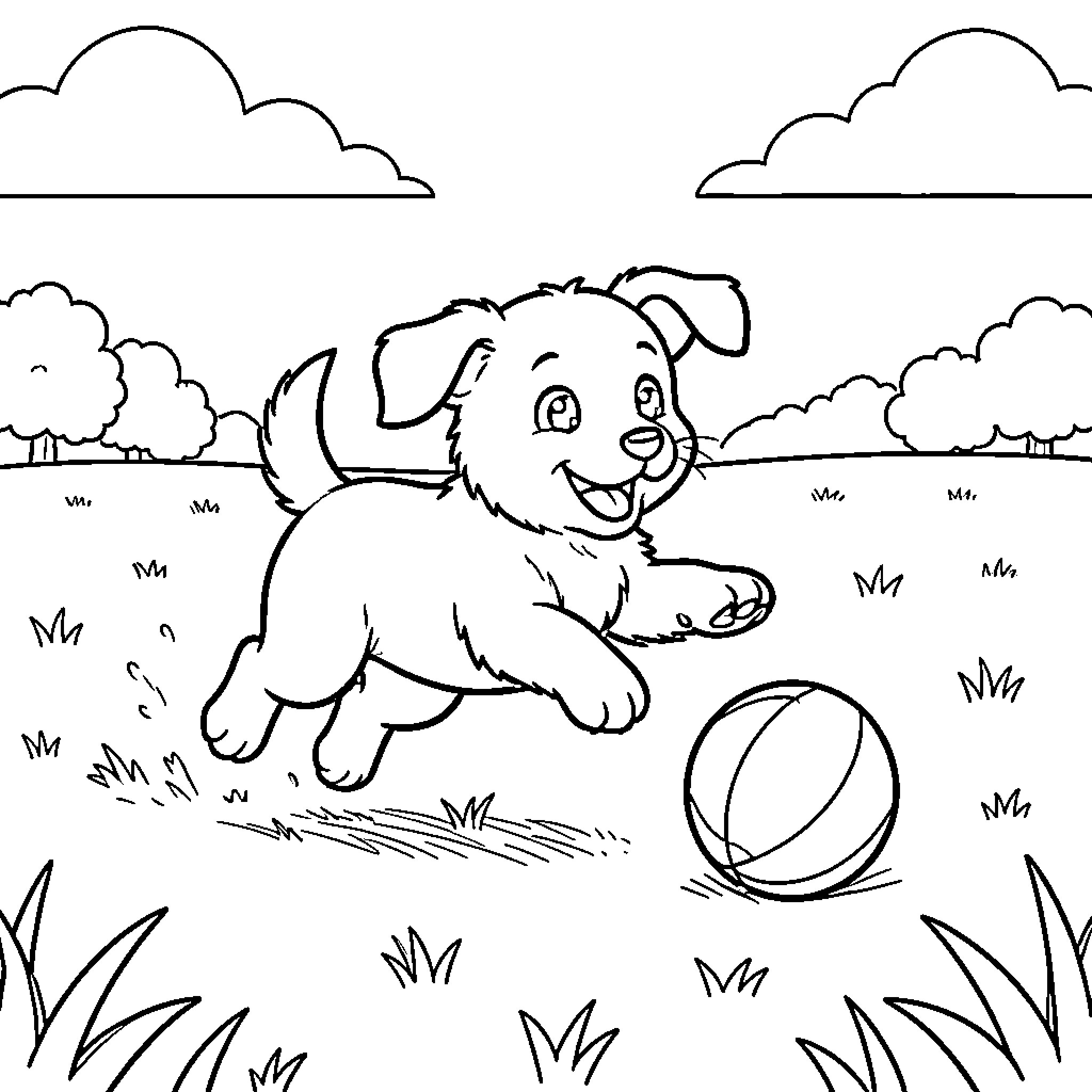 Puppy chasing a ball in a grassy field Coloring Page (free black-and-white line drawing printable PDF for all, from beginners to advanced learners, including children, teens, adults, and seniors)