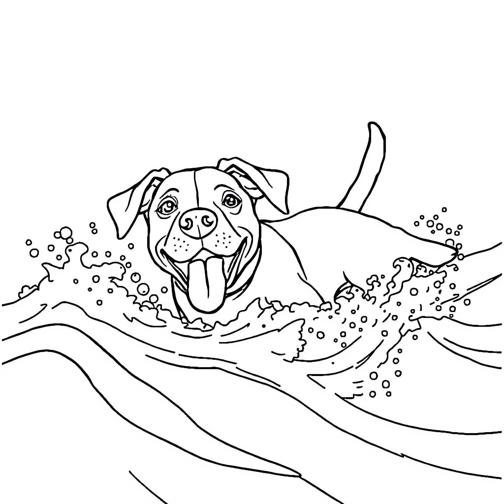 Dog swimming happily in the waves Coloring Page (free black-and-white line drawing printable PDF for all, from beginners to advanced learners, including children, teens, adults, and seniors)