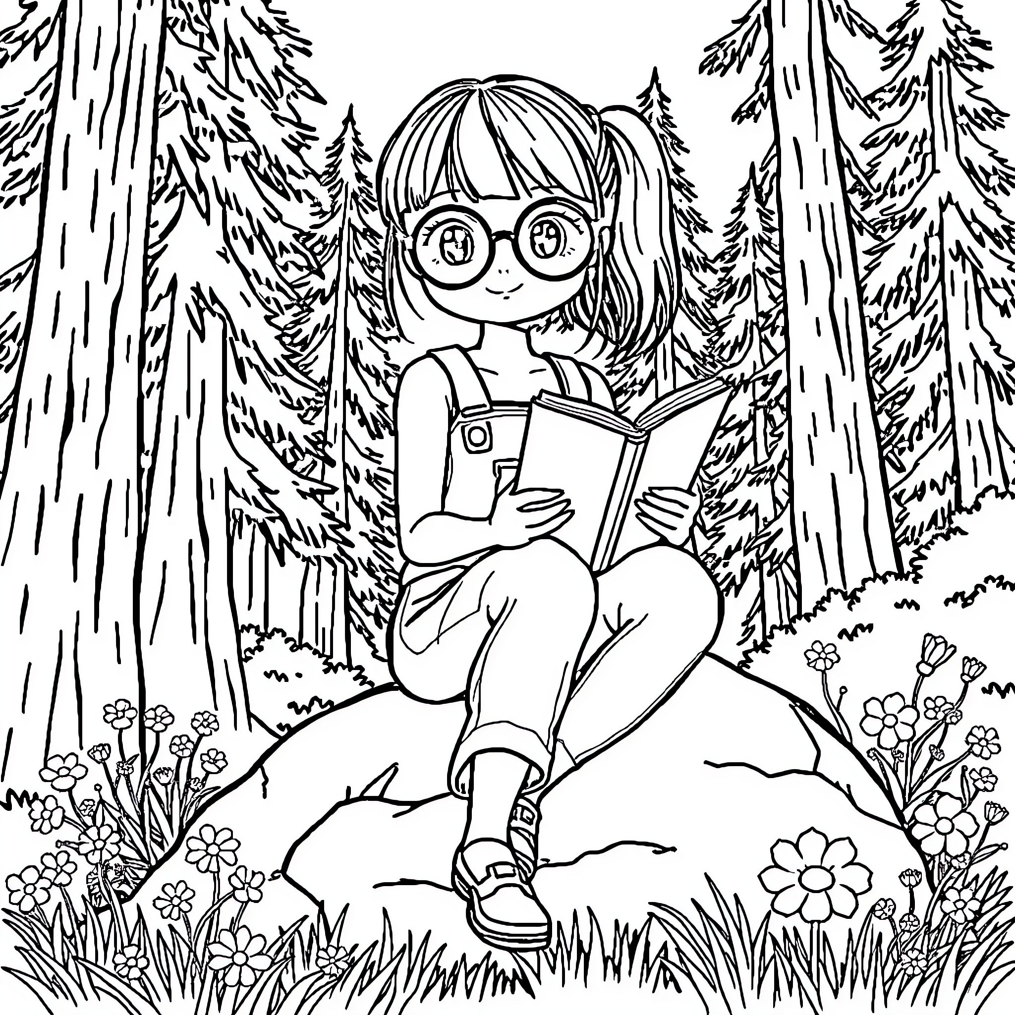 Girl reading a book in the forest Coloring Page (free black-and-white line drawing printable PDF for all, from beginners to advanced learners, including children, teens, adults, and seniors)