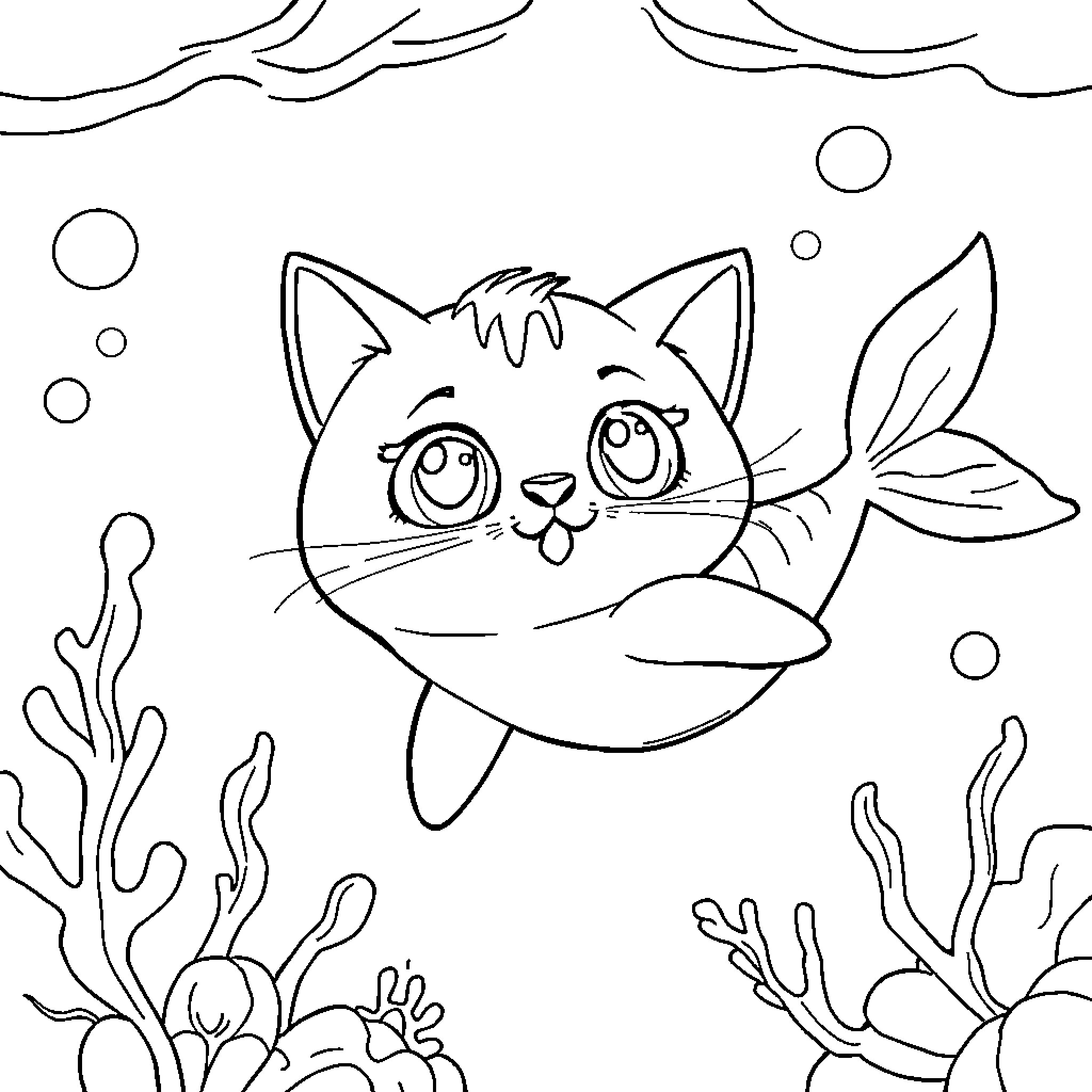 Mercat playing happily in the underwater scene Coloring Page (free black-and-white line drawing printable PDF for all, from beginners to advanced learners, including children, teens, adults, and seniors)