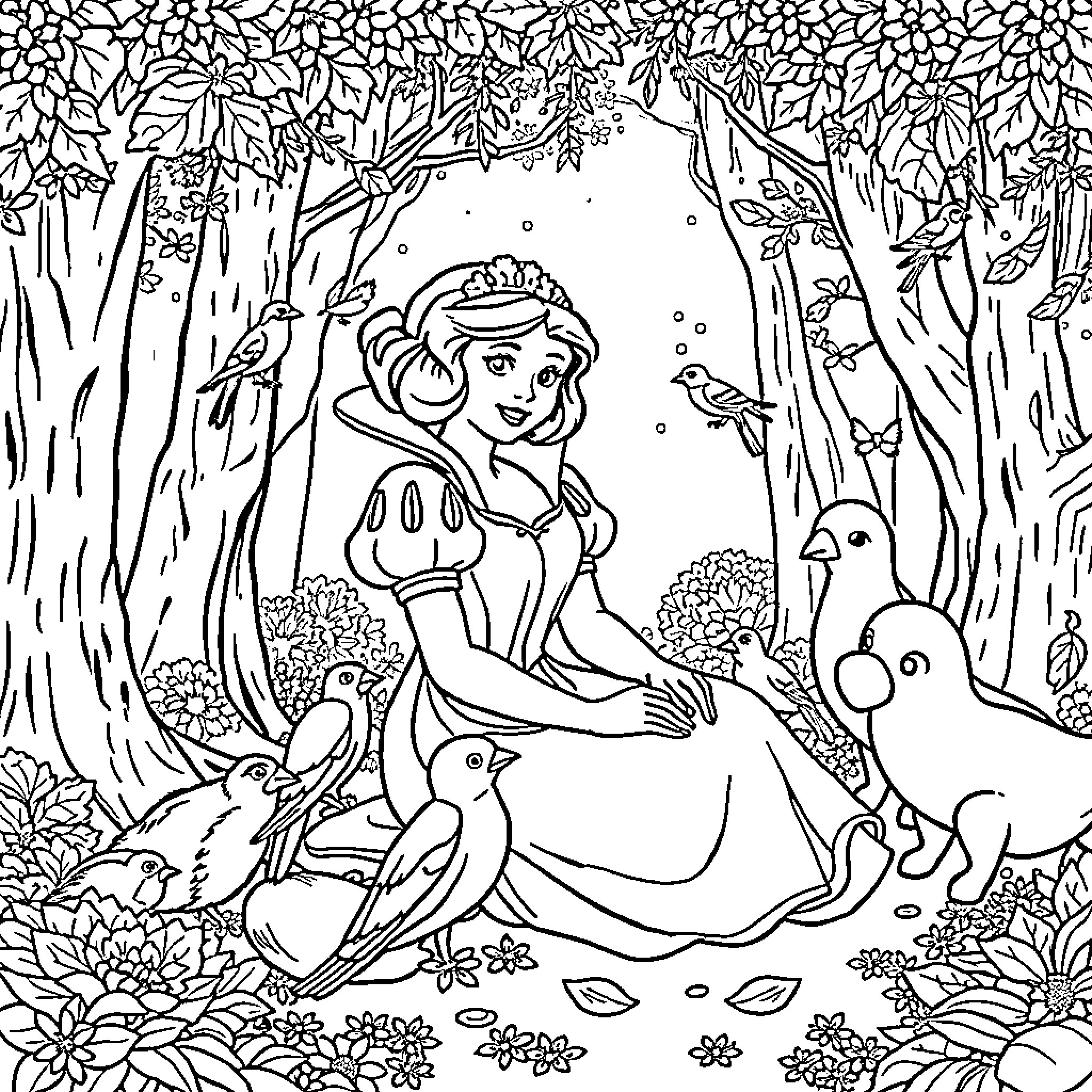 Snow White surrounded by woodland creatures in the forest Coloring Page (free black-and-white line drawing printable PDF for all, from beginners to advanced learners, including children, teens, adults, and seniors)