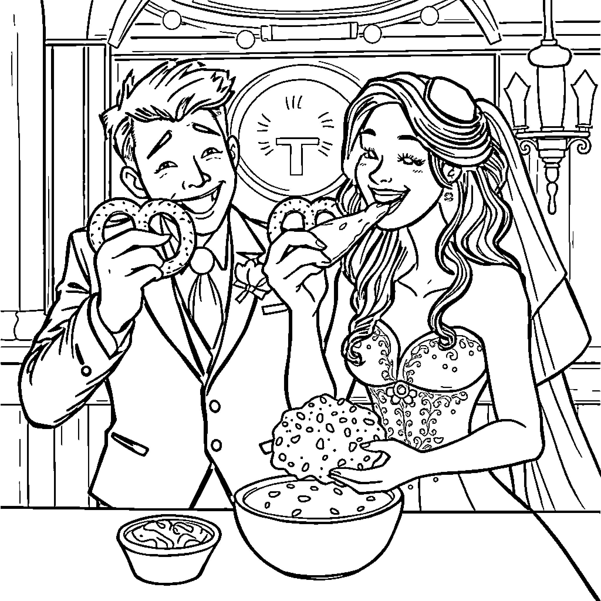 Bride and Groom Enjoying Cake and Celebration Coloring Page (free black-and-white line drawing printable PDF for all, from beginners to advanced learners, including children, teens, adults, and seniors)
