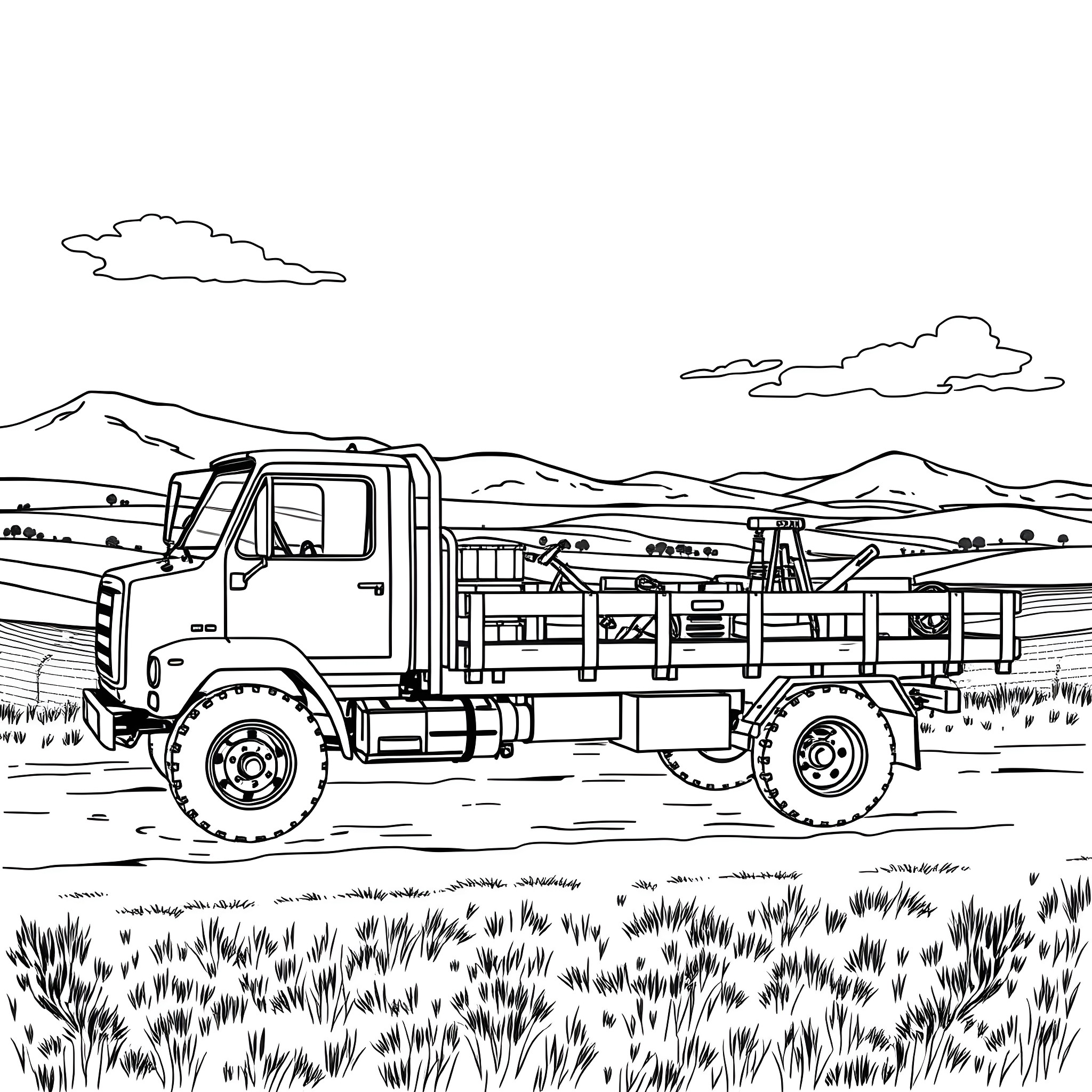 Truck with Construction Equipment in Rugged Landscape Coloring Page (free black-and-white line drawing printable PDF for all, from beginners to advanced learners, including children, teens, adults, and seniors)