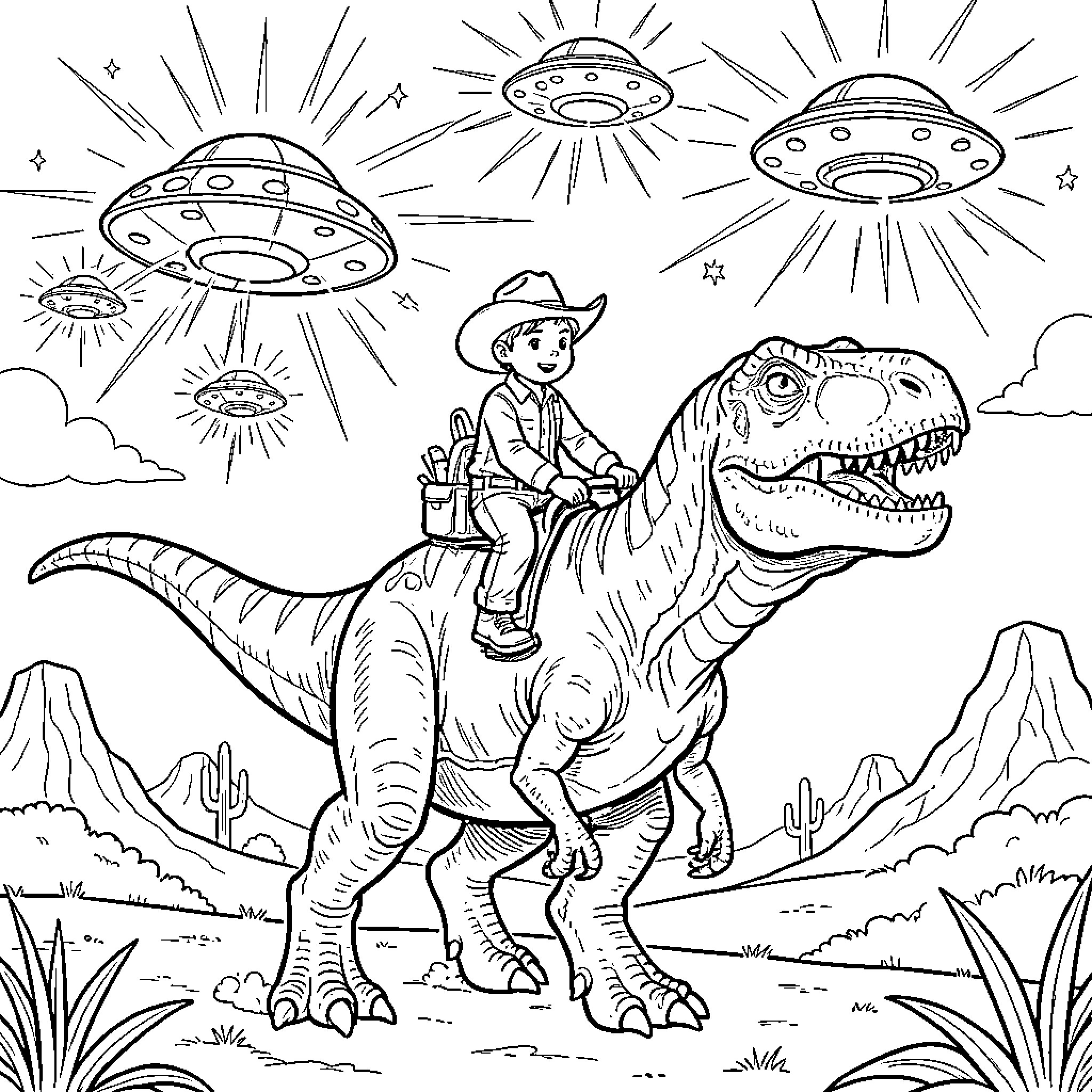 Niño riding a dinosaur in a futuristic landscape Coloring Page (free black-and-white line drawing printable PDF for all, from beginners to advanced learners, including children, teens, adults, and seniors)