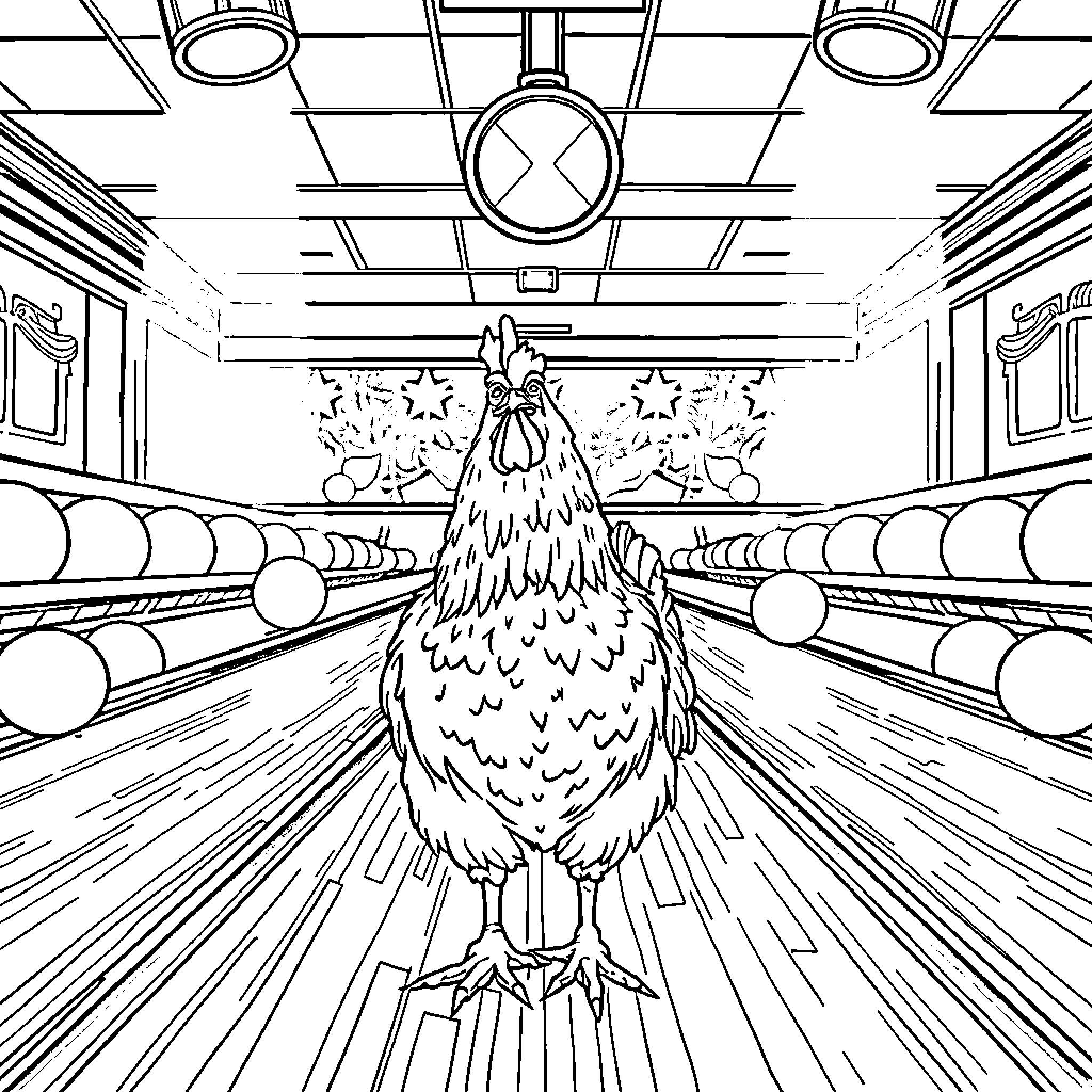 Chicken bowling down the alley Coloring Page (free black-and-white line drawing printable PDF for all, from beginners to advanced learners, including children, teens, adults, and seniors)