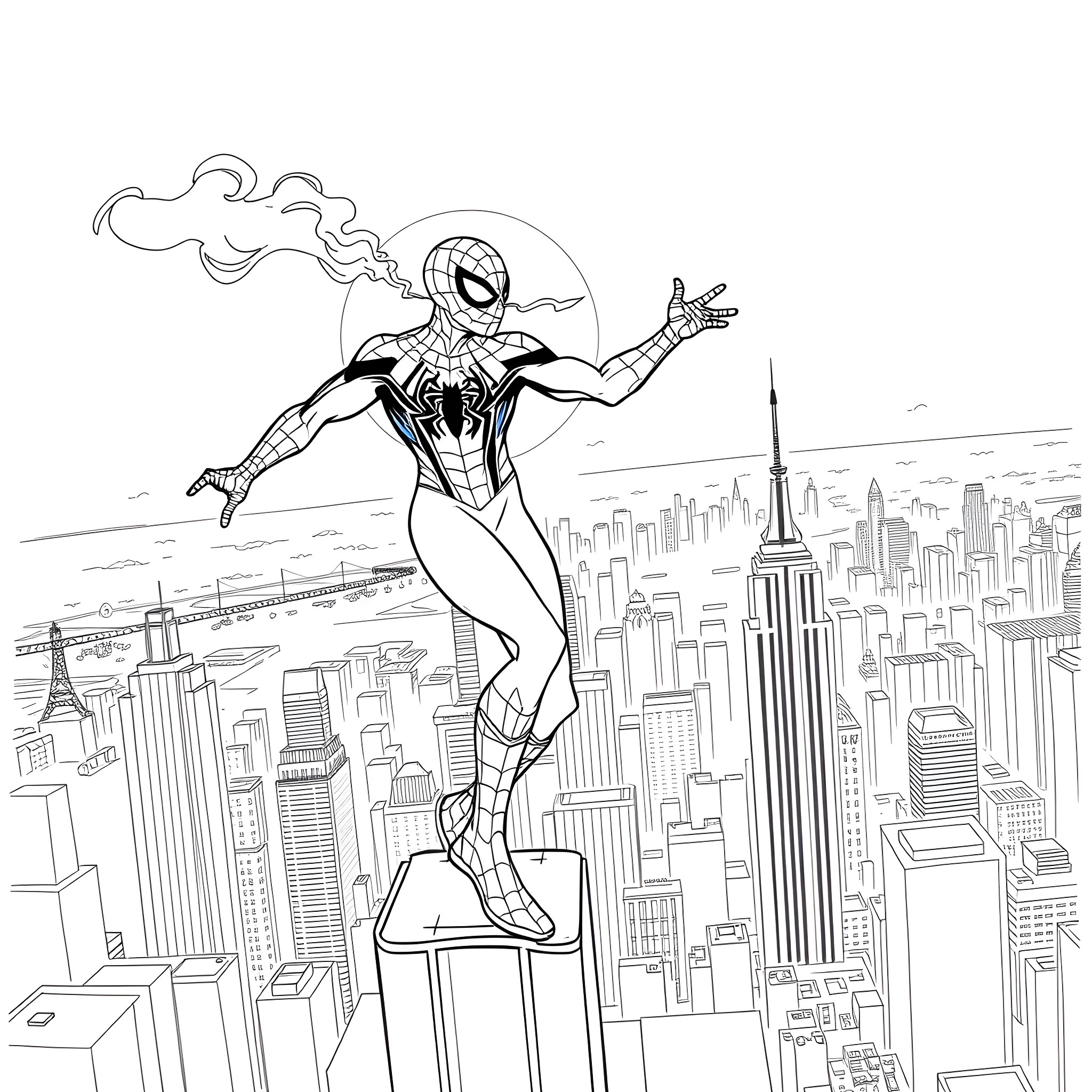 Spider-Man Swinging Through the City Skyline Coloring Page (free black-and-white line drawing printable PDF for all, from beginners to advanced learners, including children, teens, adults, and seniors)