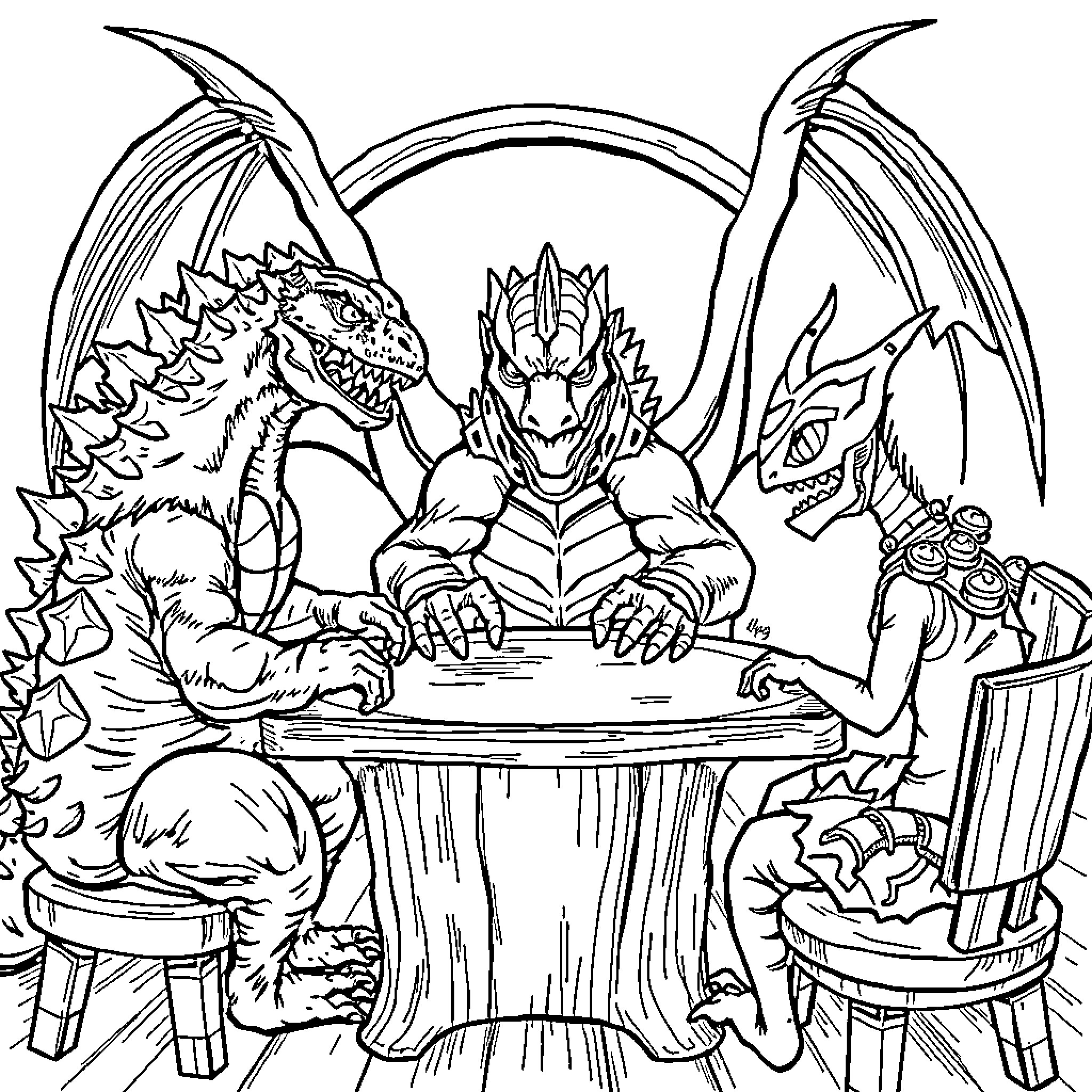 Godzilla and dragon creatures at a table Coloring Page (free black-and-white line drawing printable PDF for all, from beginners to advanced learners, including children, teens, adults, and seniors)