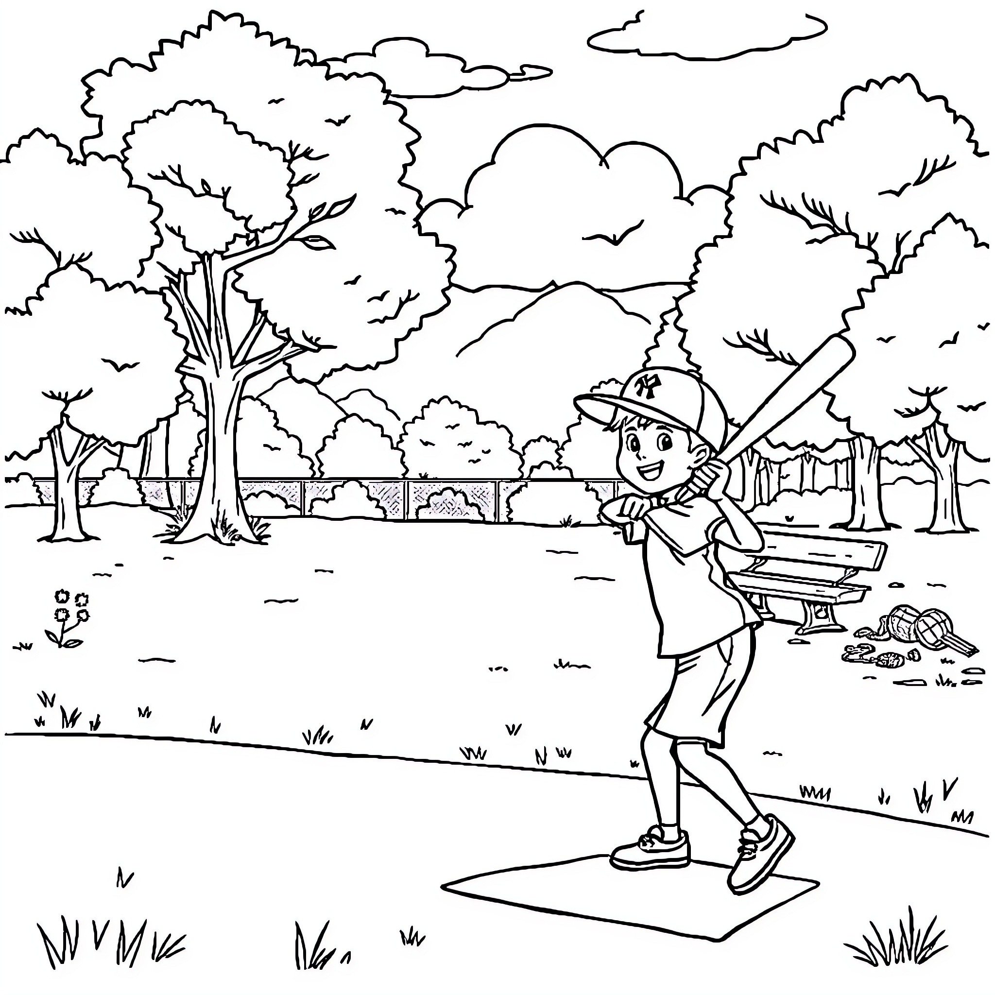 Boy exploring the outdoors with a backpack Coloring Page (free black-and-white line drawing printable PDF for all, from beginners to advanced learners, including children, teens, adults, and seniors)
