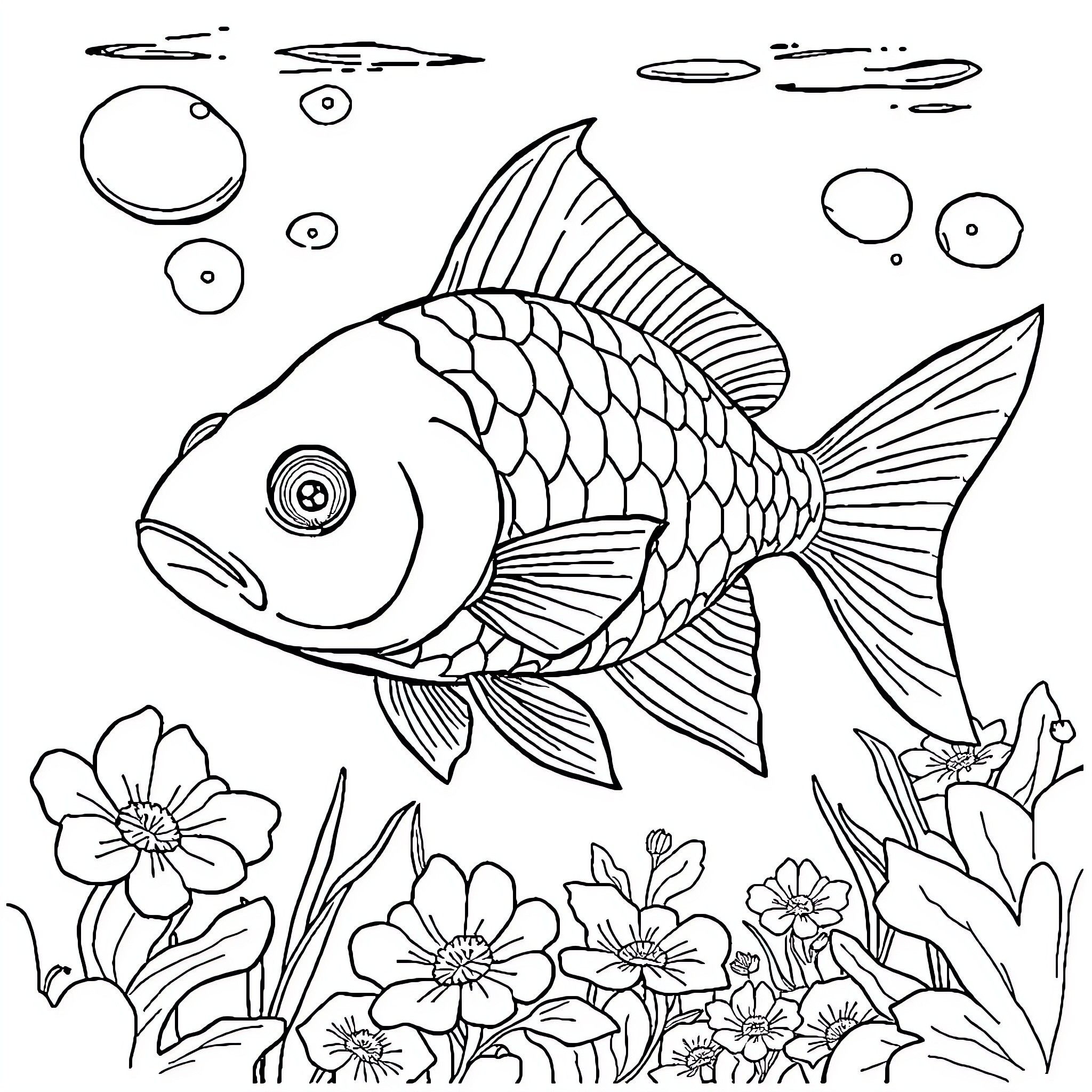 Catfish swimming amongst flowers Coloring Page (free black-and-white line drawing printable PDF for all, from beginners to advanced learners, including children, teens, adults, and seniors)