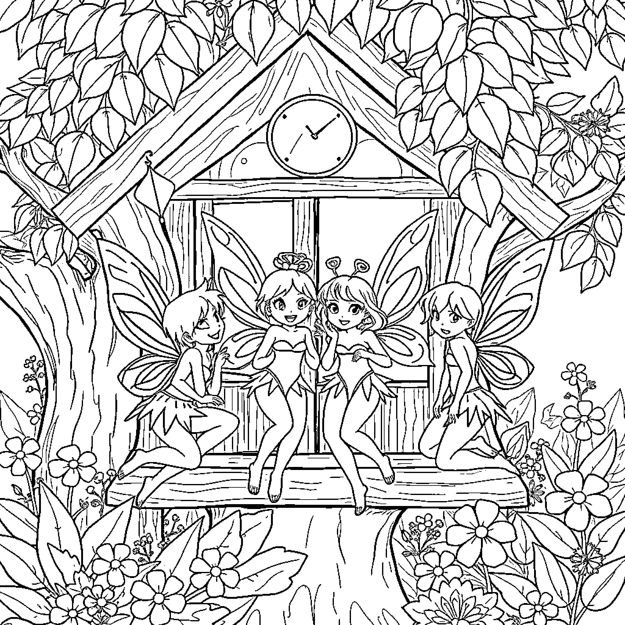 Fairy Fairies Gather in Enchanted Forest Dwelling Coloring Page (free black-and-white line drawing printable PDF for all, from beginners to advanced learners, including children, teens, adults, and seniors)