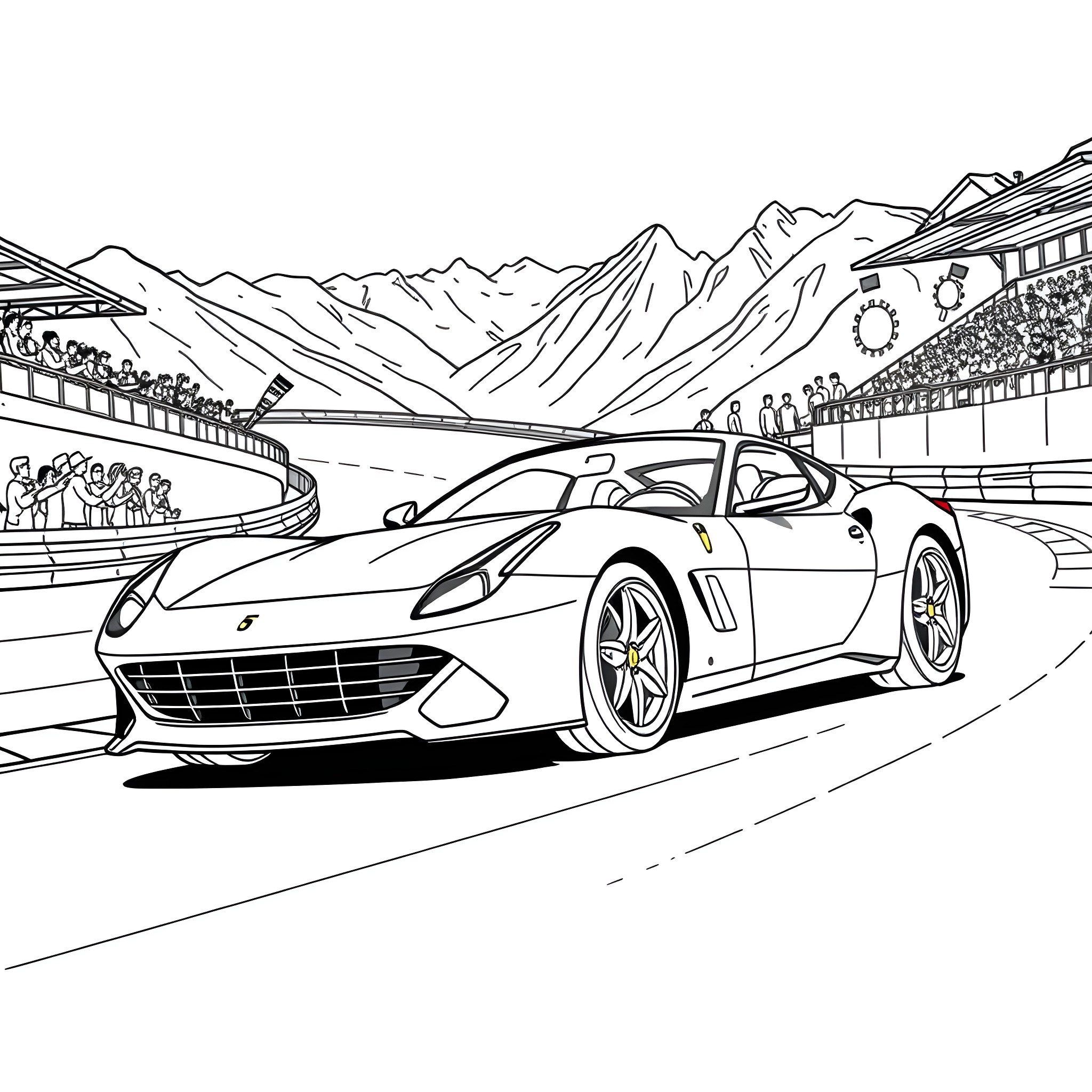 Ferrari sports car racing on mountain track Coloring Page (free black-and-white line drawing printable PDF for all, from beginners to advanced learners, including children, teens, adults, and seniors)