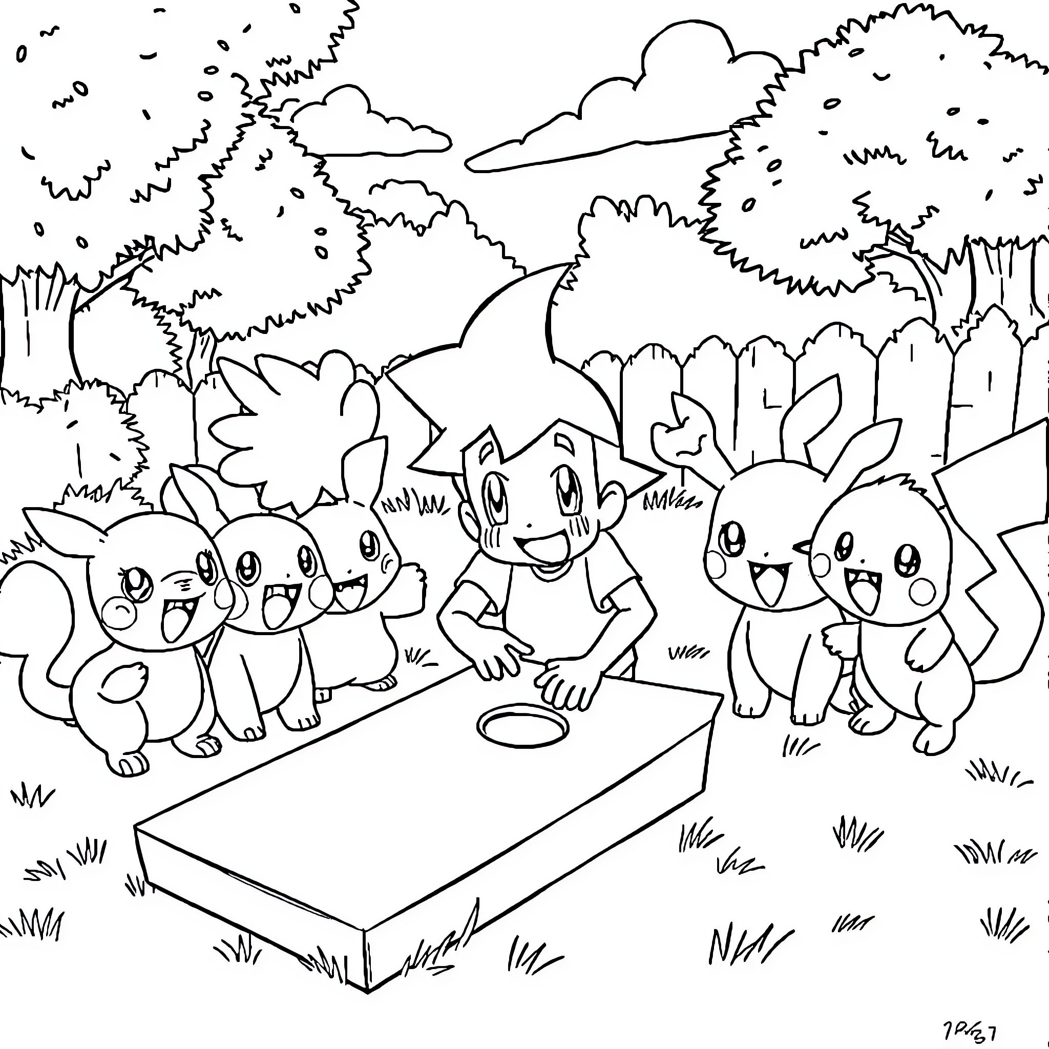 Ash Ketchum and His Adorable Pokémon Companions Coloring Page (free black-and-white line drawing printable PDF for all, from beginners to advanced learners, including children, teens, adults, and seniors)
