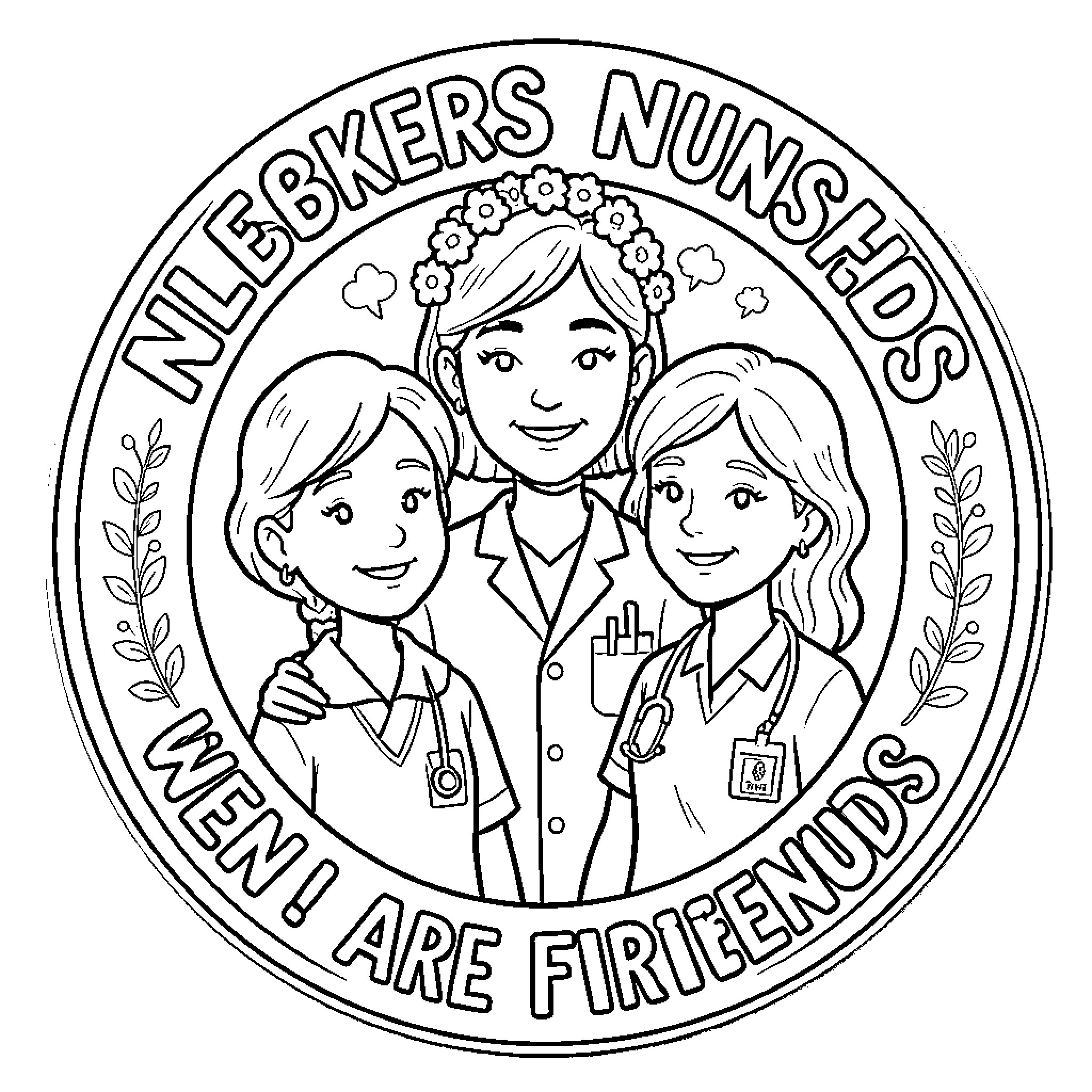 Nurse Friends We Are Friends Coloring Page (free black-and-white line drawing printable PDF for all, from beginners to advanced learners, including children, teens, adults, and seniors)