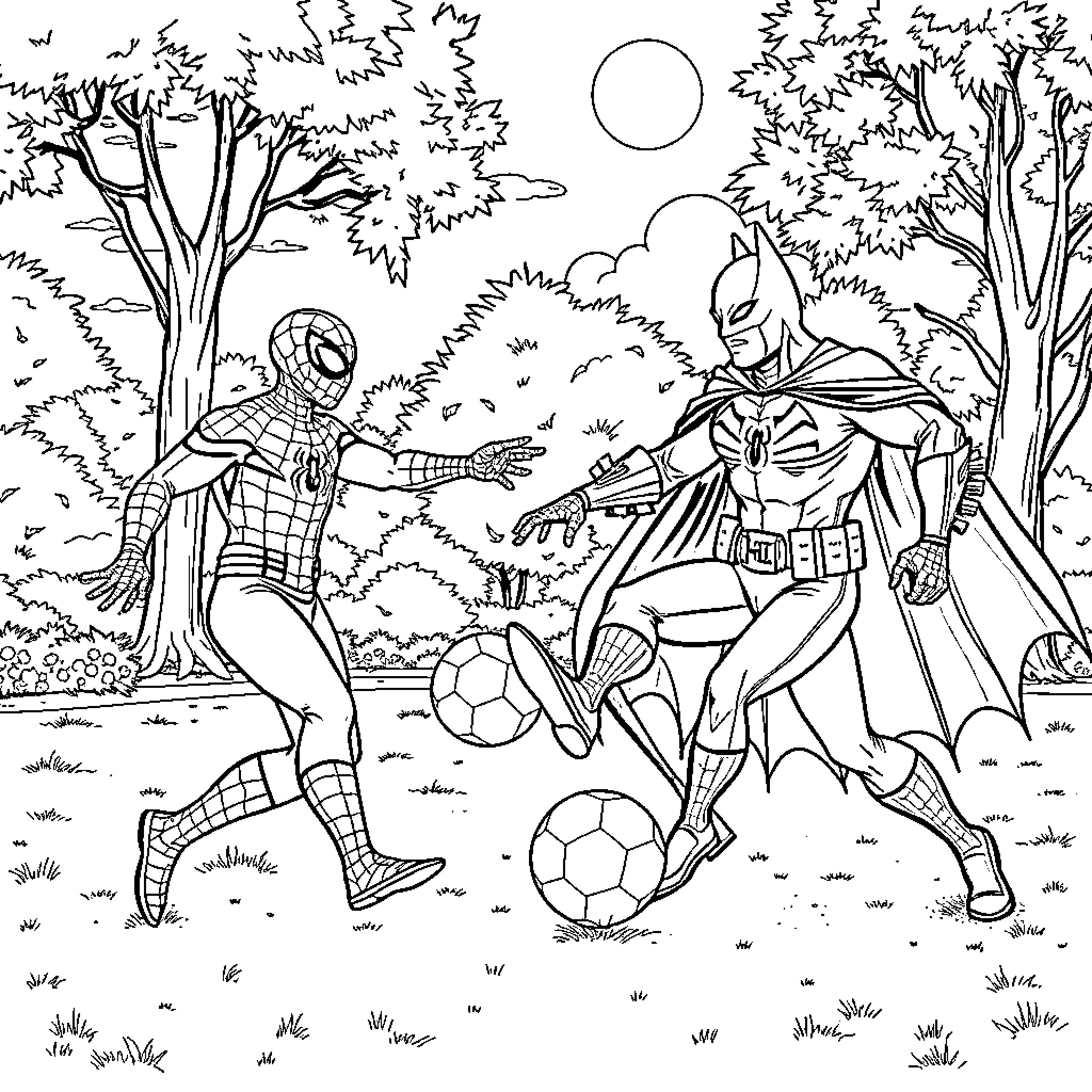 Spider-Man and Batman Playing Football in the Park Coloring Page (free black-and-white line drawing printable PDF for all, from beginners to advanced learners, including children, teens, adults, and seniors)