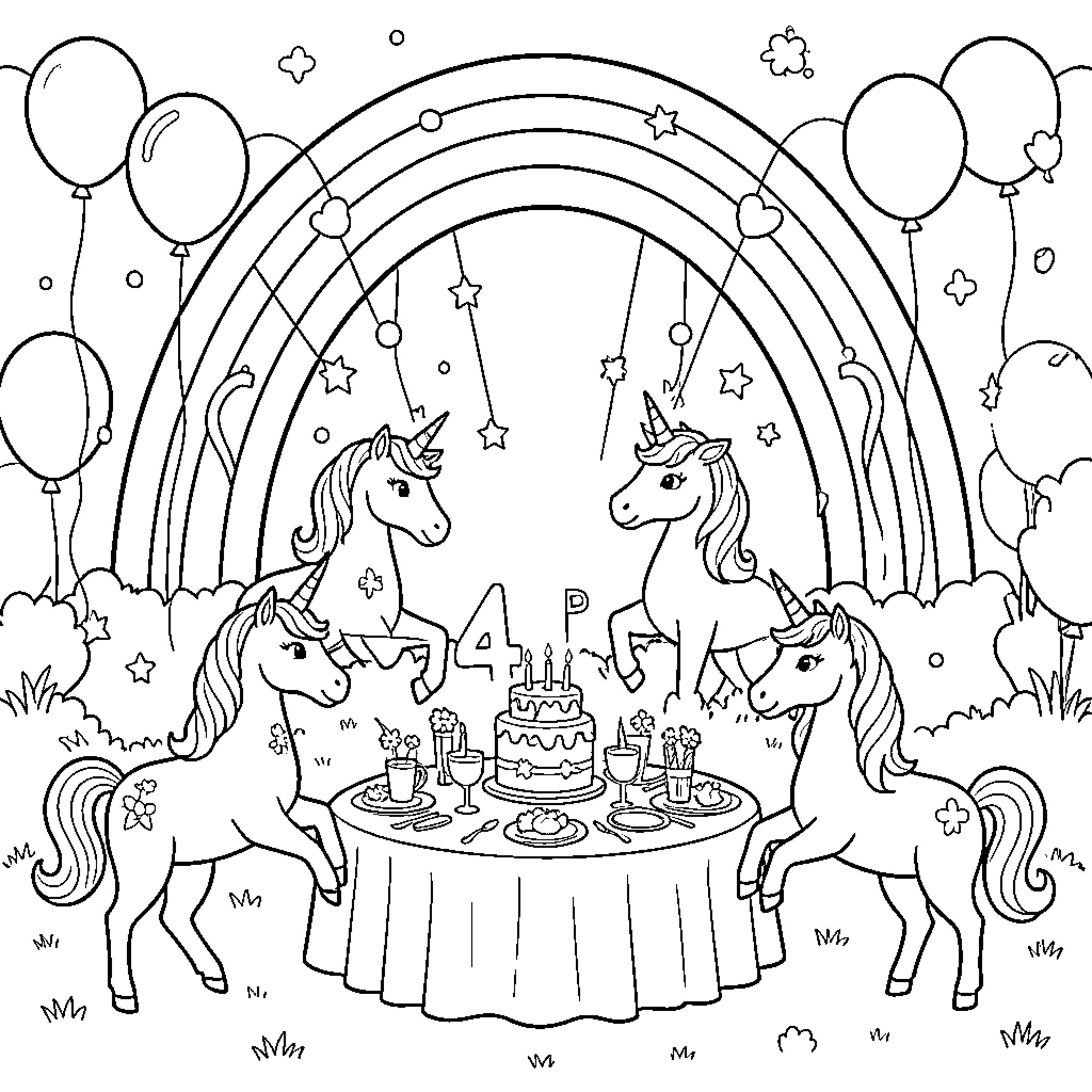 Unicorns celebrating a birthday party around a cake Coloring Page (free black-and-white line drawing printable PDF for all, from beginners to advanced learners, including children, teens, adults, and seniors)