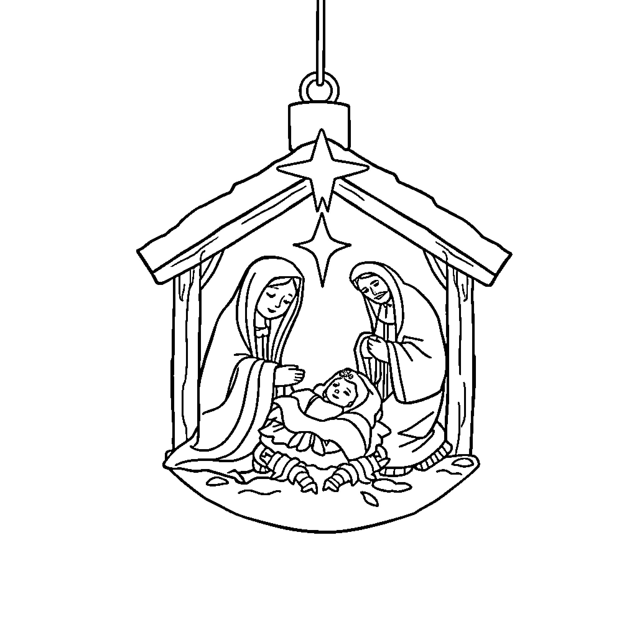 Nativity scene depicted in Christmas ornament Coloring Page (free black-and-white line drawing printable PDF for all, from beginners to advanced learners, including children, teens, adults, and seniors)