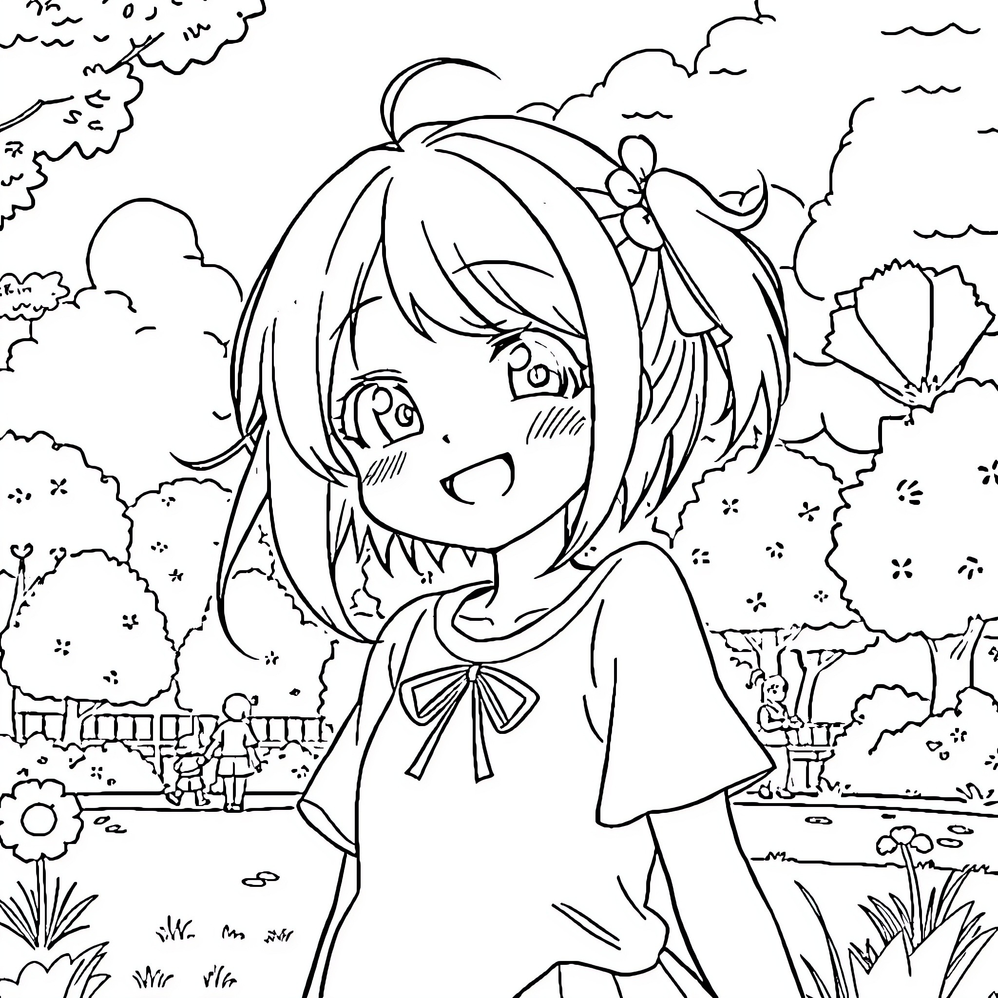 Anime Girl in a Whimsical Outdoor Scene Coloring Page (free black-and-white line drawing printable PDF for all, from beginners to advanced learners, including children, teens, adults, and seniors)