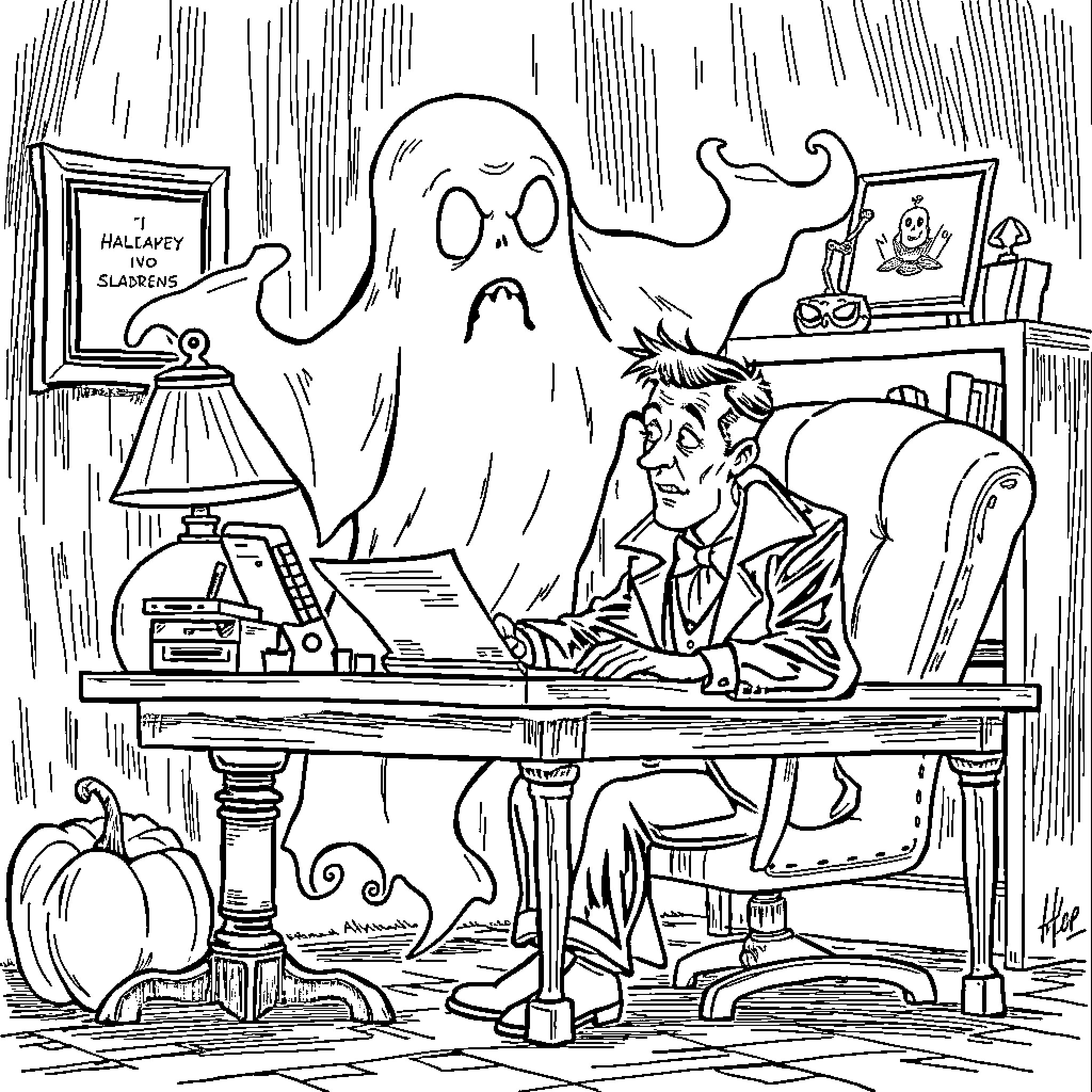 Ghost haunting a frightened man in a dimly lit office Coloring Page (free black-and-white line drawing printable PDF for all, from beginners to advanced learners, including children, teens, adults, and seniors)