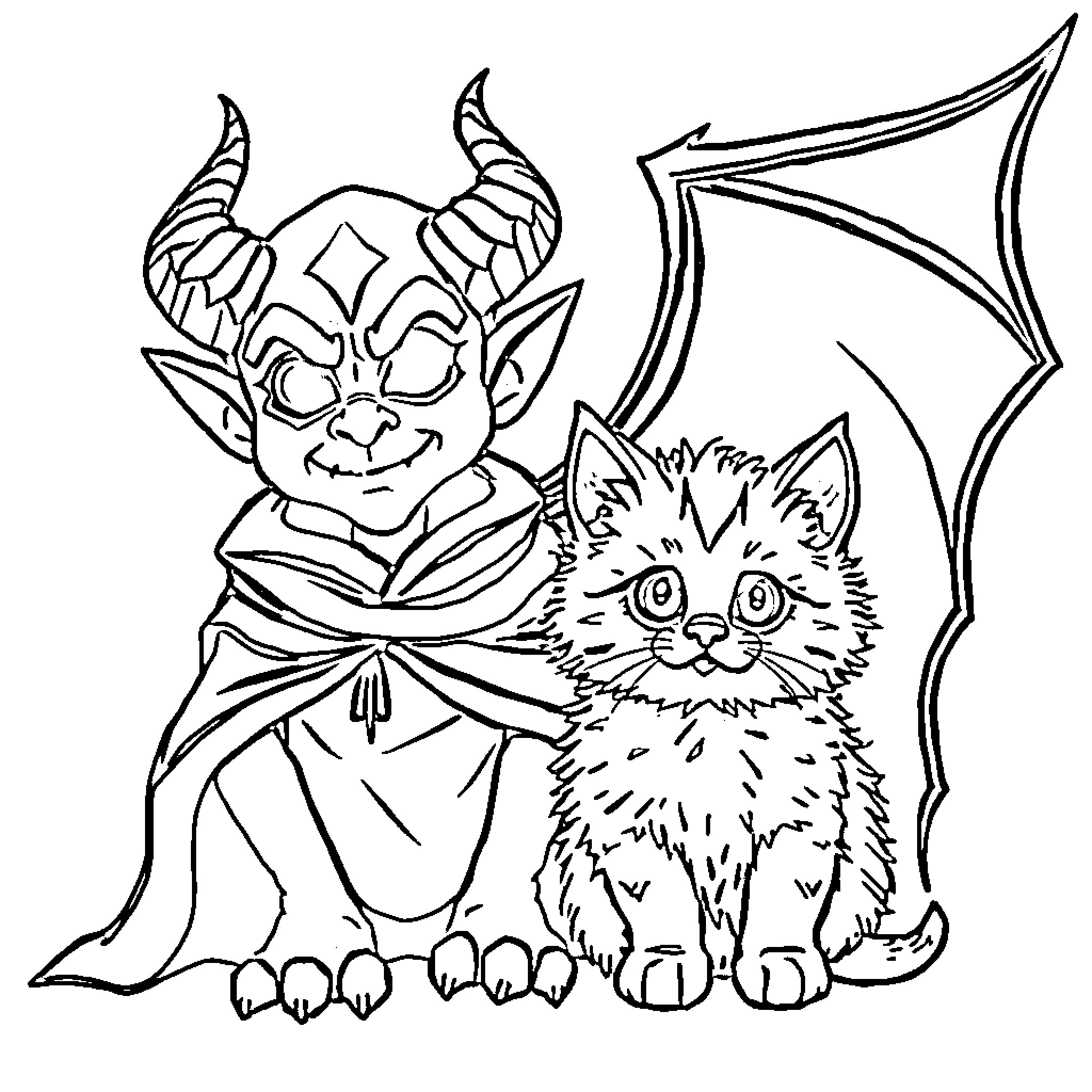 Satan's Demonic Companion in Playful Embrace Coloring Page (free black-and-white line drawing printable PDF for all, from beginners to advanced learners, including children, teens, adults, and seniors)