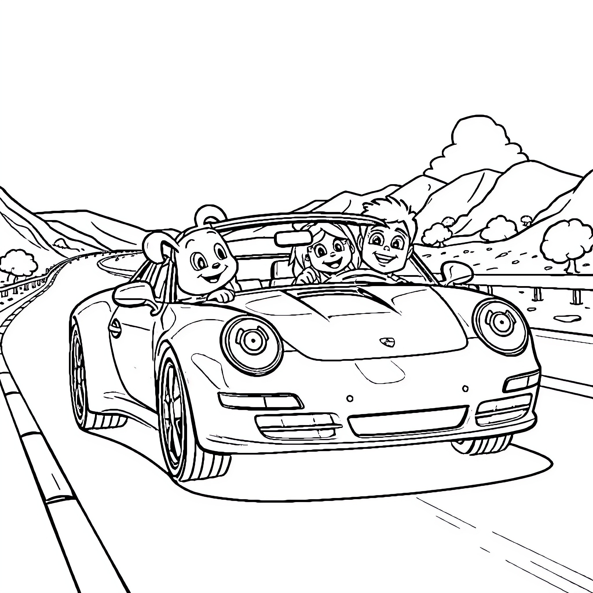Bluey and friends go on an adventure in a sports car Coloring Page (free black-and-white line drawing printable PDF for all, from beginners to advanced learners, including children, teens, adults, and seniors)