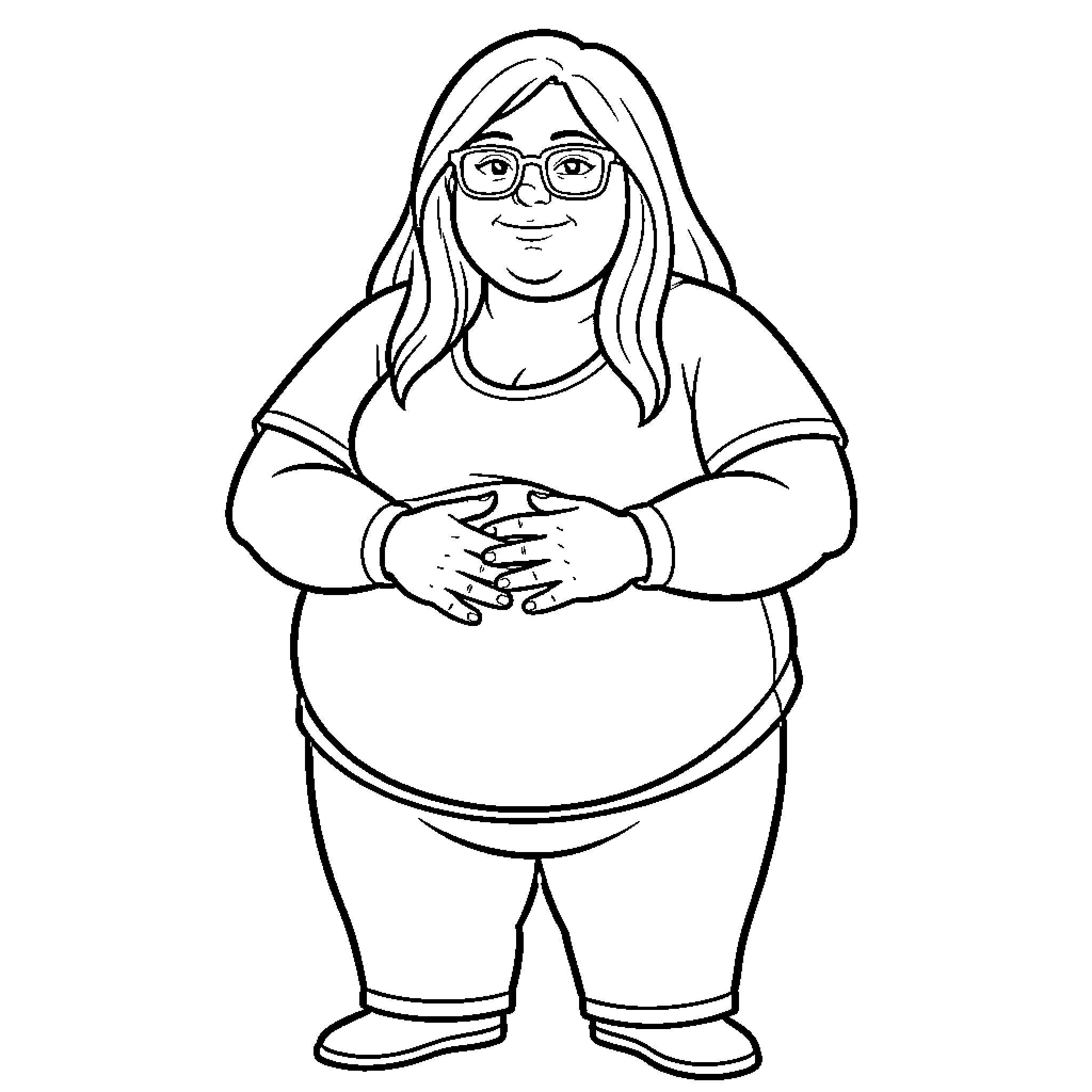 Woman with glasses smiling and holding her stomach Coloring Page (free black-and-white line drawing printable PDF for all, from beginners to advanced learners, including children, teens, adults, and seniors)